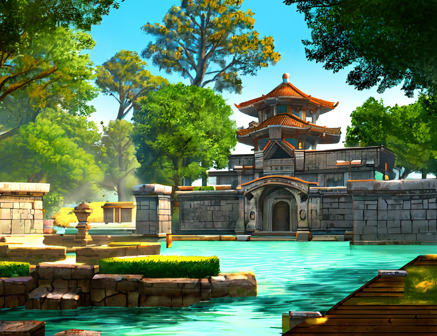 Please create a game background featuring traditional elements of ancient architecture and decorations, with a focus on enhancing the natural feel of the scene through the addition of trees and a lake.