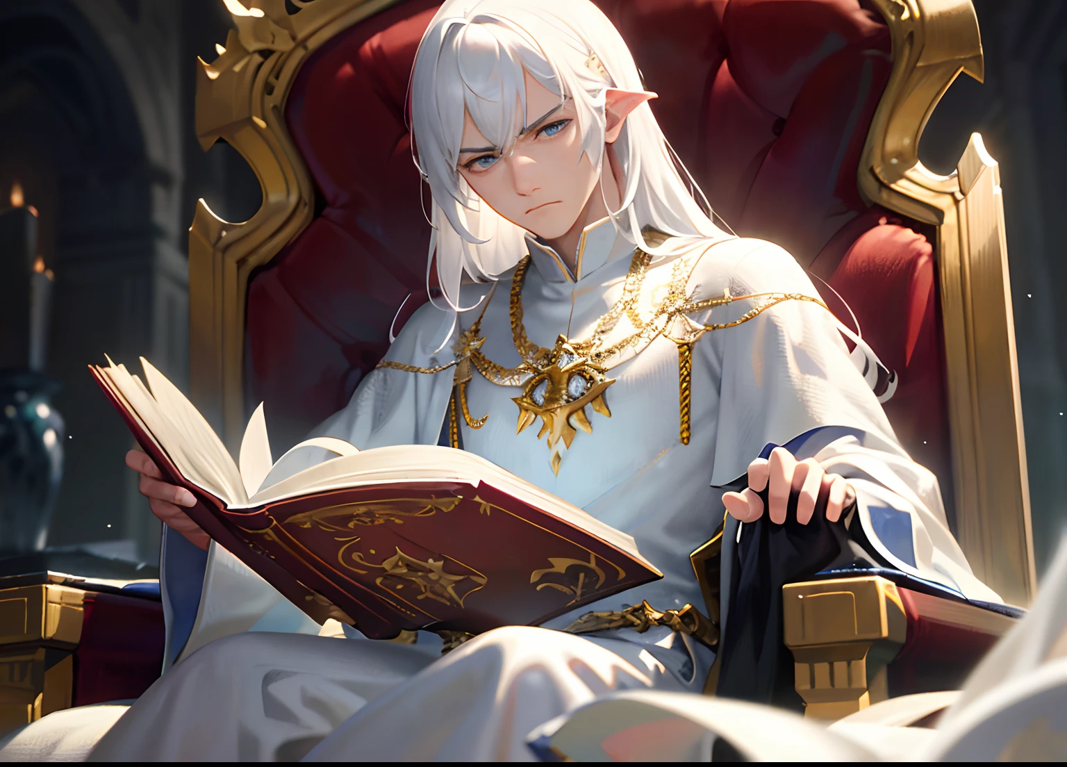 photorealistic, young king, deep focus, d & d, fantasy, intricate, white hair, ice mage, young man, 1 man, frowning, majestic aura, wearing white imperial robe, sitting on throne, elegant, highly detailed, reading a book, eyes looking at book, fantasy theme, matte, sharp focus, illustration,