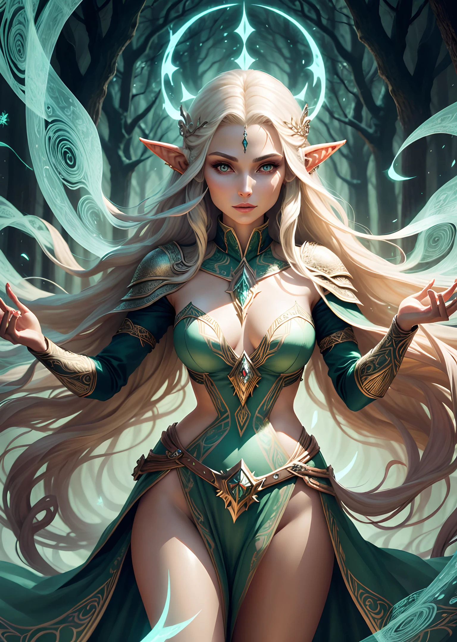 Digital illustration airbrush of a beautiful long - haired elf female sorceress with long pointed ears wielding magic in her hands wearing intricate and detailed elven armor posing in an elven forest city, dynamic pose, magic effects, magic spells
