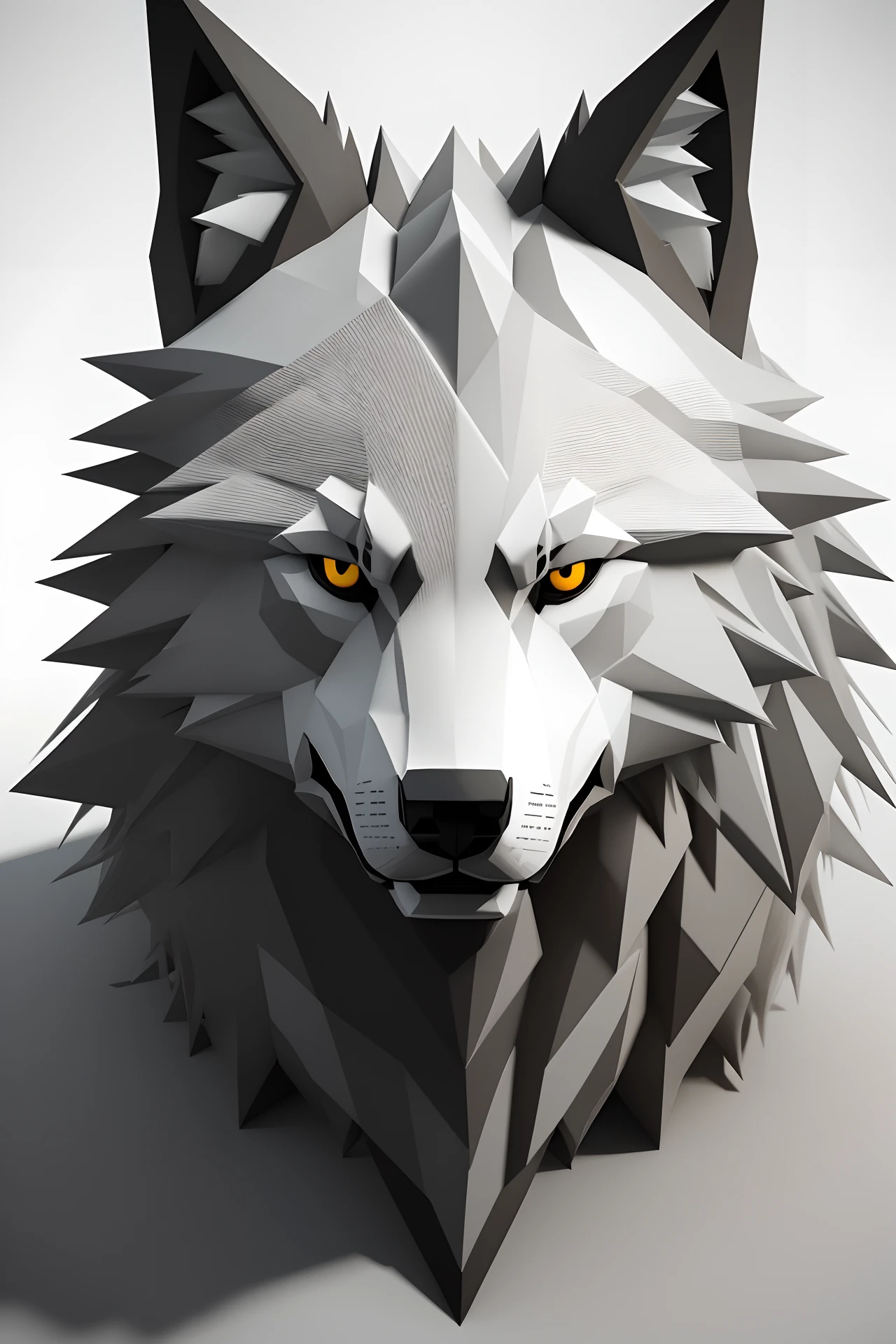Wolf close-up, animal head, 3D model, black and white modeling, game, simplified, lowpoly