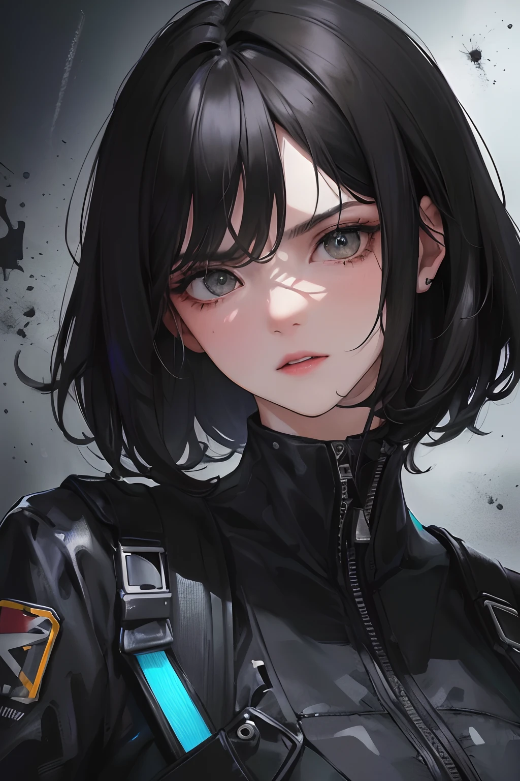 (highest resolution, distinct_image) Best quality, a woman, masterpiece, highly detailed, semi realistic, black short hair, black hair, bangs, 18 years old, mature, black tight fitting, black flight suit, space background, cold, serious, authoritative, powerful, refined facial features, exquisite facial features