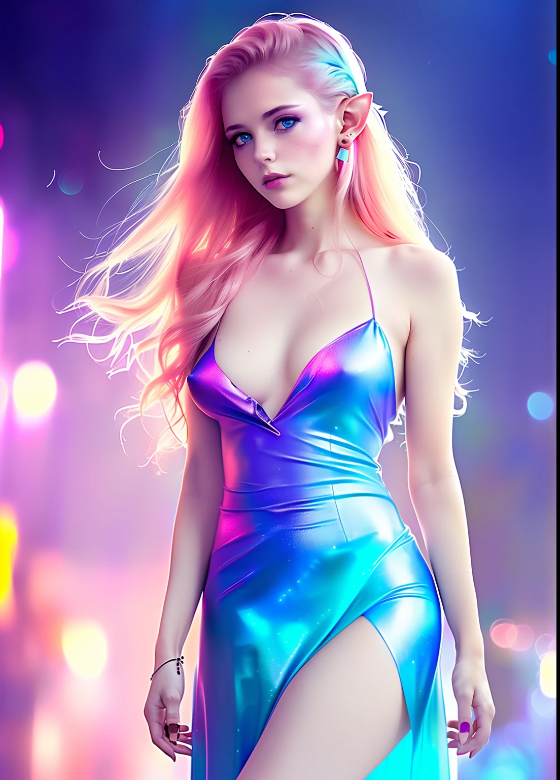 photo, style synthwave a elf woman by agnes cecile, luminous design, pastel colours, ink drips, autumn lights,blue eyes,normal ears,full body, big boobs,pink dress.