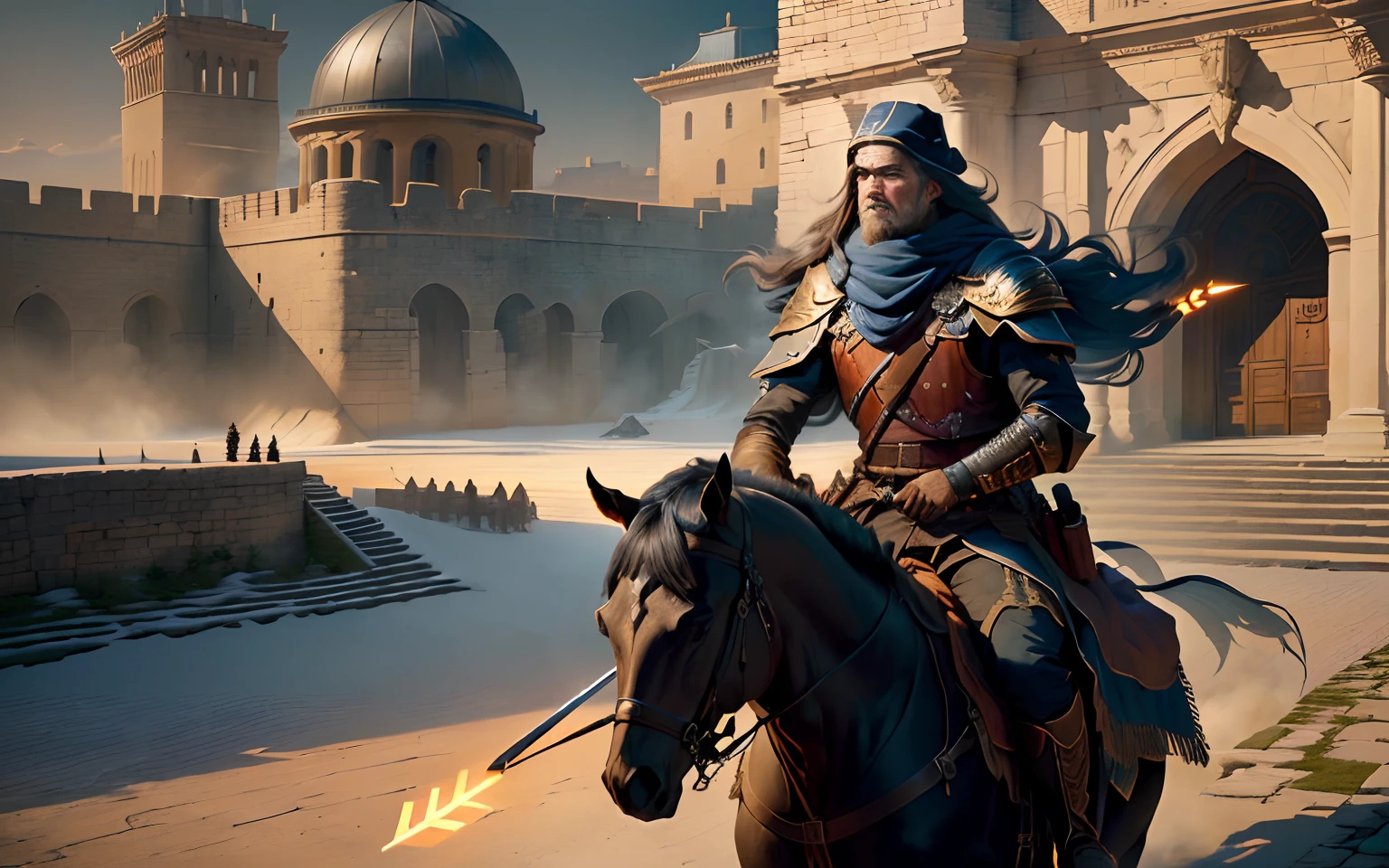 General, expedition, riding, city wall, dusk, arrow tower, gate, ancient times,masterpiece, best quality, (extremely detailed CG unity 8k wallpaper), (best quality), (best illustration), (best shadow), absurdres, realistic lighting, (Abyss), beautiful detailed glow, art by PeterMohrBacher,