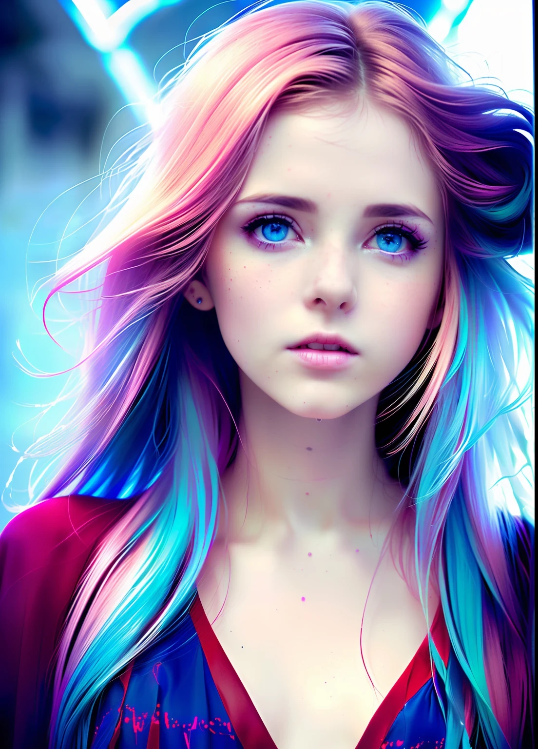 photo, style synthwave a elf woman by agnes cecile, luminous design, pastel colours, ink drips, autumn lights,blue eyes,full body,pink dress ,adult women