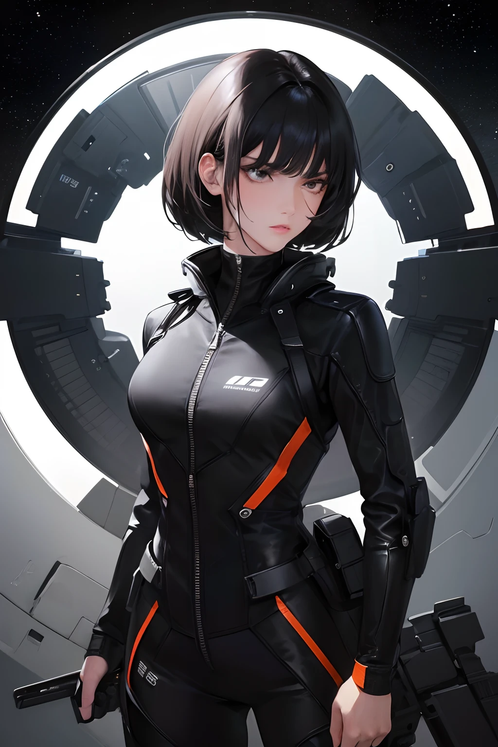 (highest resolution, distinct_image) Best quality, a woman, masterpiece, highly detailed, semi realistic, black short hair, black hair, bangs, 18 years old, mature, black tight fitting, black flight suit, space background, cold, serious, authoritative, powerful, refined facial features, exquisite facial features