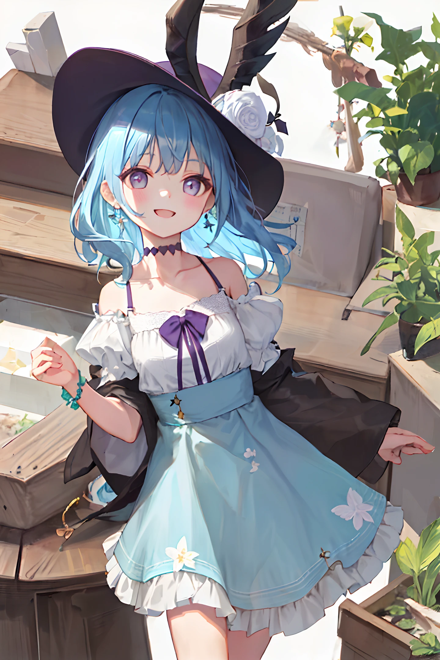 A girl with delicate features, melon seed face, bangs, makeup, big eyes, toothless smile, blue curly hair (fashionable), delicate hat, white floral earrings, collarbone, purple short sleeve, white background, blue sky