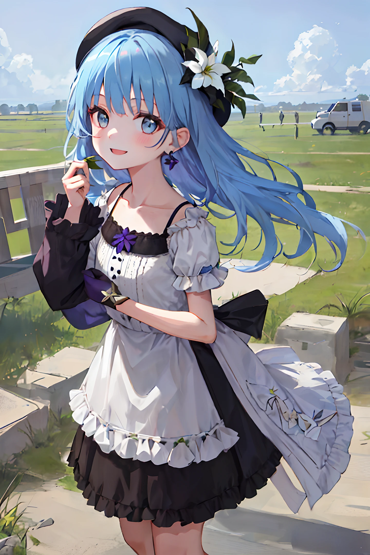 A girl with delicate features, melon seed face, bangs, makeup, big eyes, toothless smile, blue curly hair (fashionable), delicate hat, white floral earrings, collarbone, purple short sleeve, white background, blue sky