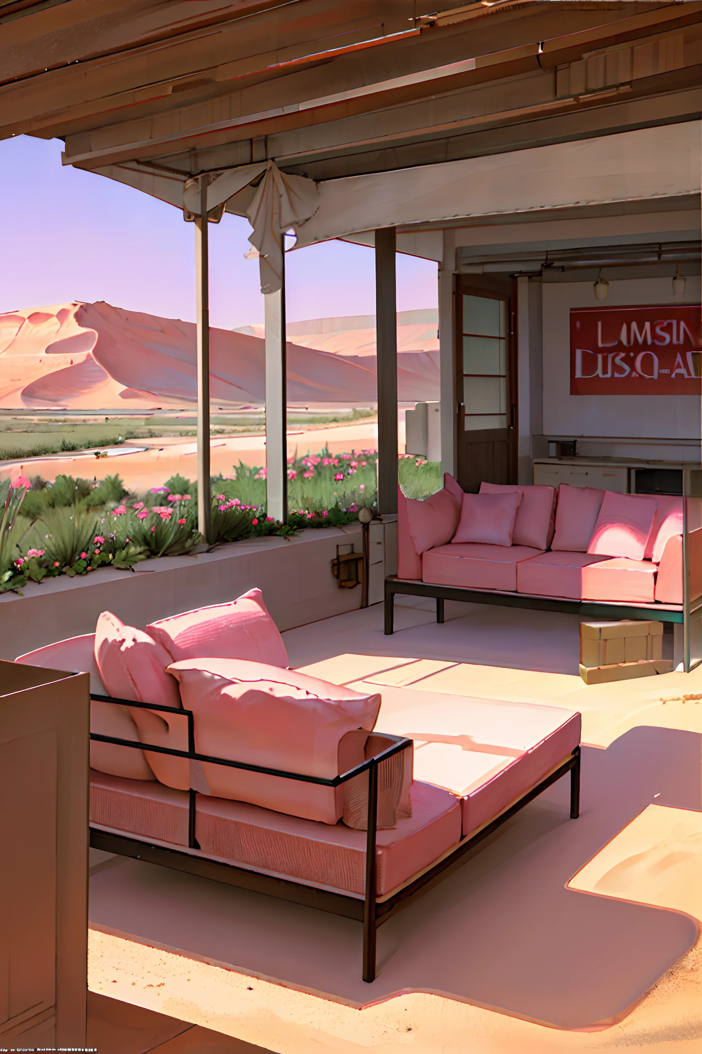 Summer, desert, pink clouds, a field full of roses, James Gurney, art station rendering, super wide lens, high definition