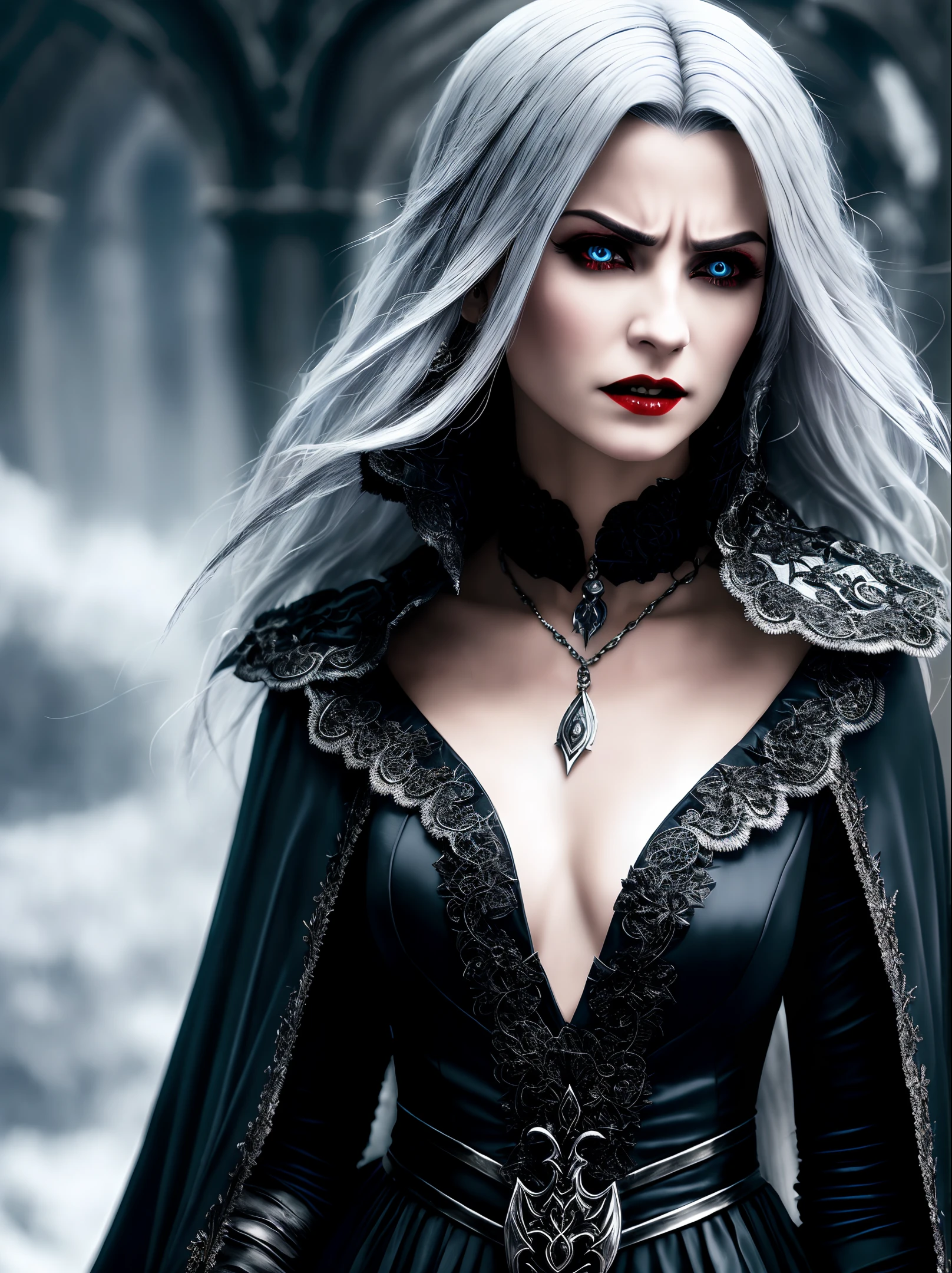 (extremely detailed 8k wallpaper),a medium shot photo of a fearful vampire woman, with silver hair, Intricate, High Detail, dramatic (character Malenia from the game nation of darkness)
