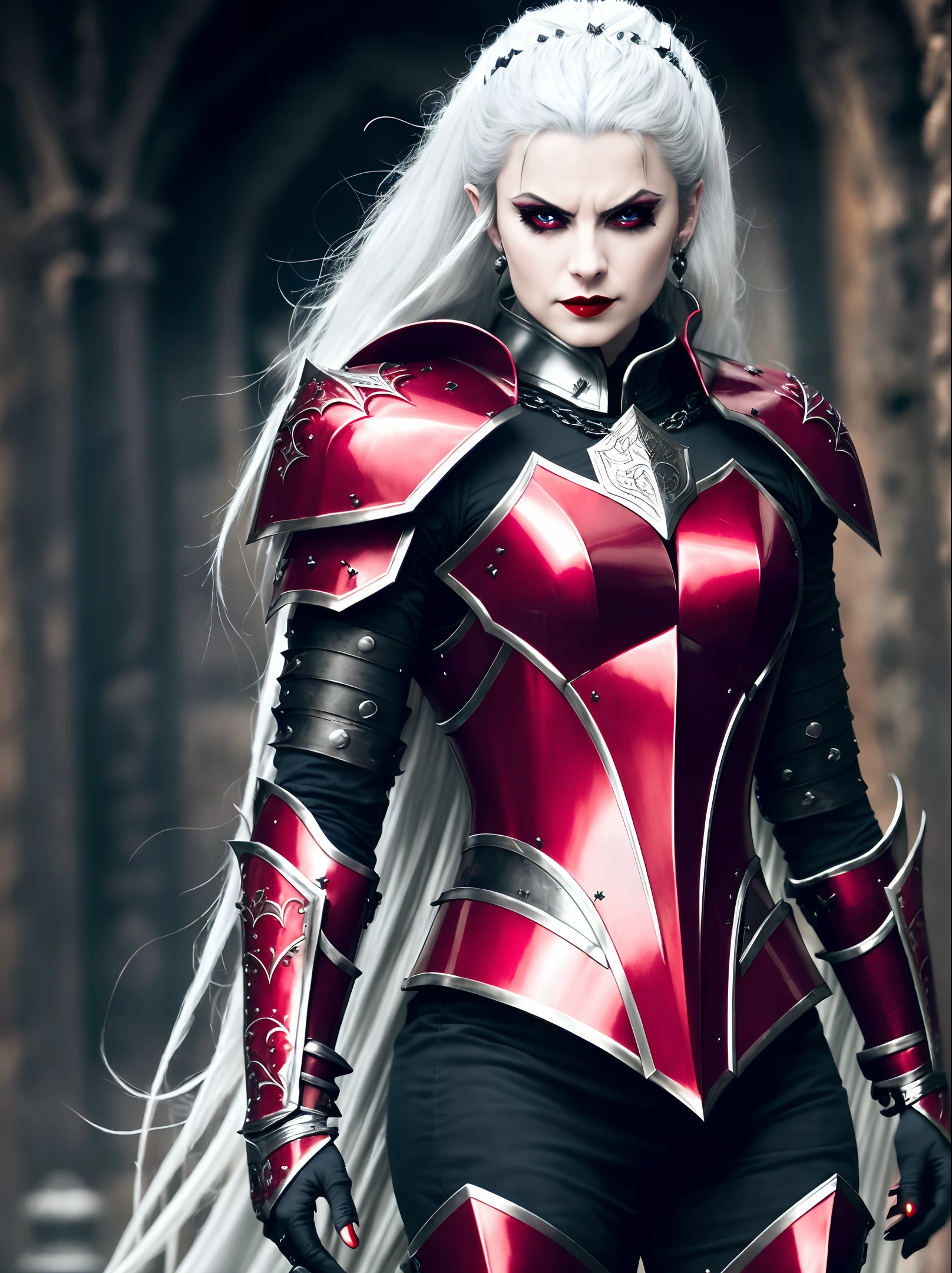 (extremely detailed 8k wallpaper),a full body shot photo of a fearful vampire woman, with silver hair, Intricate, High Detail, dramatic (character Malenia from the game nation of darkness) Armor with white enamel breastplate, red iron shoulder pads and gauntlets, finished with vampire runes.