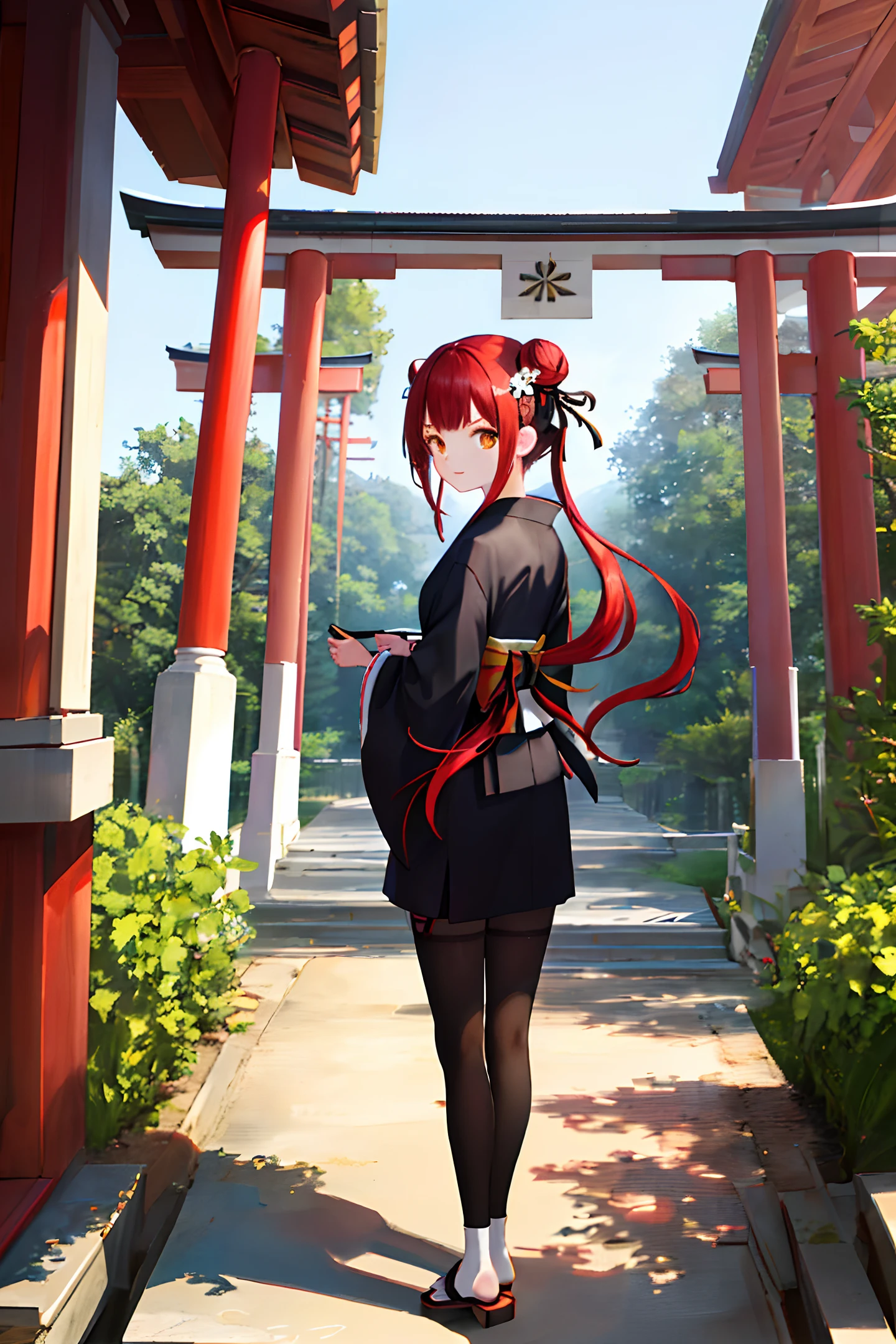 （Masterpiece, best quality), two long-legged girls, black kimono, black legwear, black ribbon, black hair, cherry blossoms, daytime, flowers, hair bun, hair ribbon, Japanese clothes, kimono, long hair, facing the viewer, looking back, multiple girls, obi, outdoor scene, red eyes, red hair, ribbon, sandals, single hair bun, stairs, standing, statue, torii, tree, white kimono, yellow eyes.






