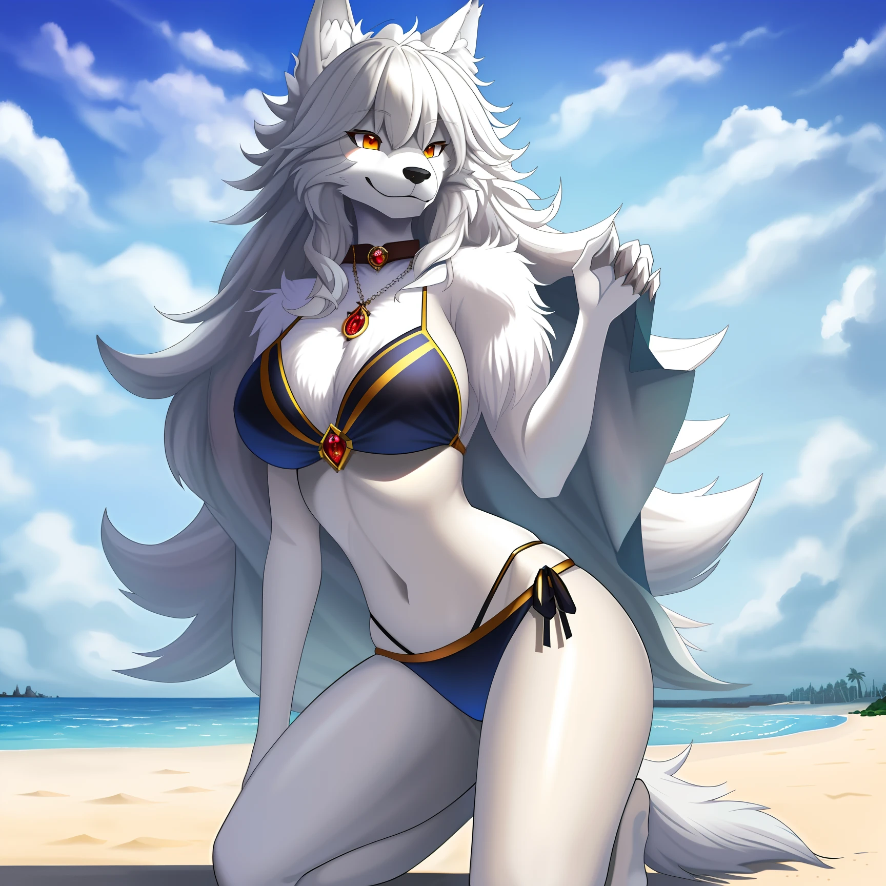 Masterpiece,  best quality, Wolf_female, detailed_fluffy_fur, uploaded_to_e621, antro, furry_male, Masterpiece, Best_quality, solo, (Antro), digital art style, sfw, bikini, beach background