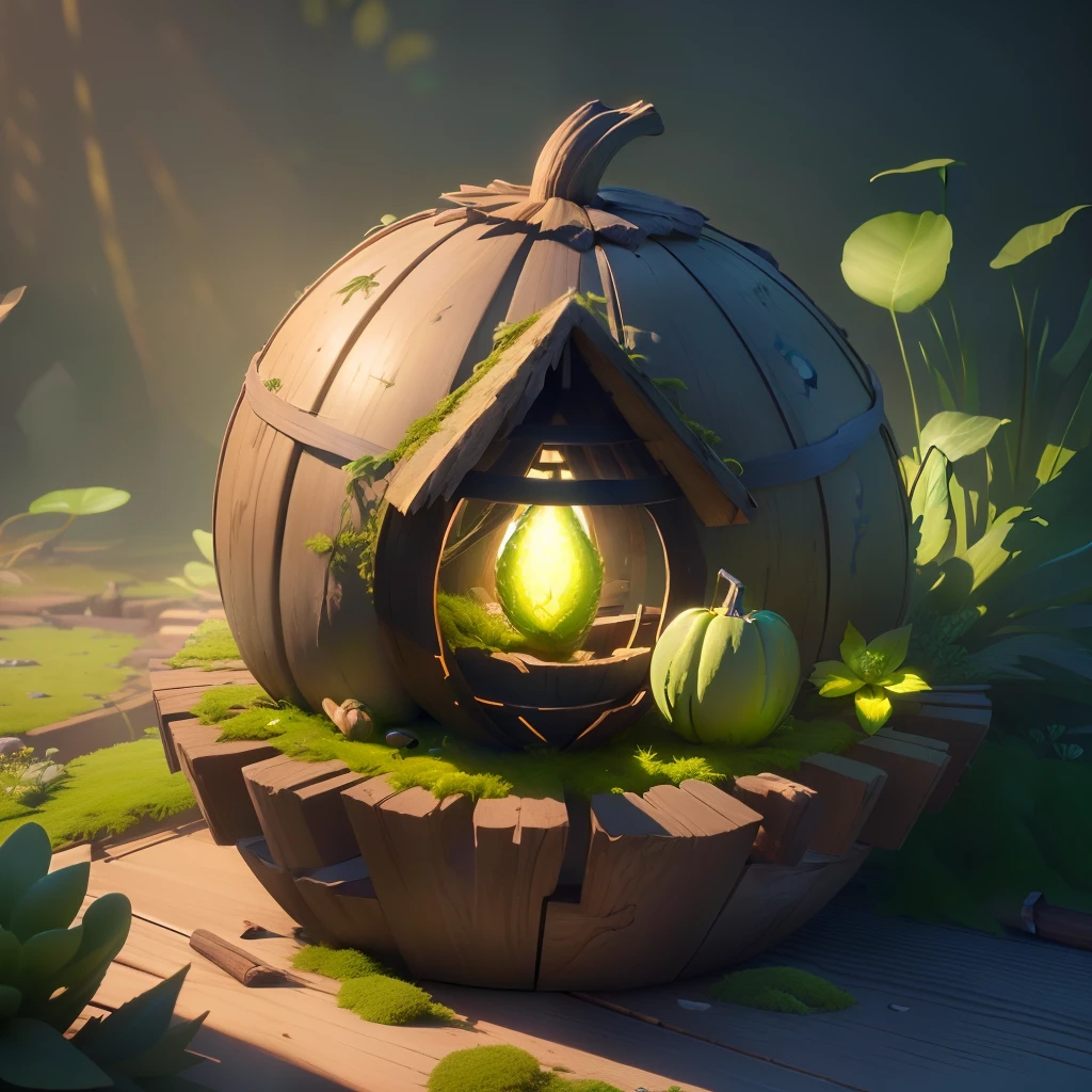 masterpiece, best quality, (extremely detailed CG unity 8k wallpaper), (best quality), (best illustration), (best shadow), A gourd shape hut covered with moss， isometric 3D, octane render,ray tracing,ultra detailed