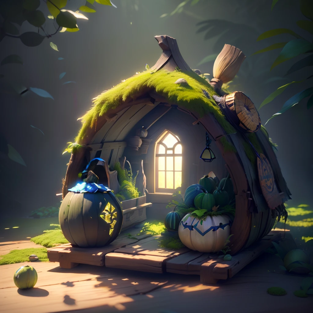 masterpiece, best quality, (extremely detailed CG unity 8k wallpaper), (best quality), (best illustration), (best shadow), A gourd shape hut covered with moss， isometric 3D, octane render,ray tracing,ultra detailed