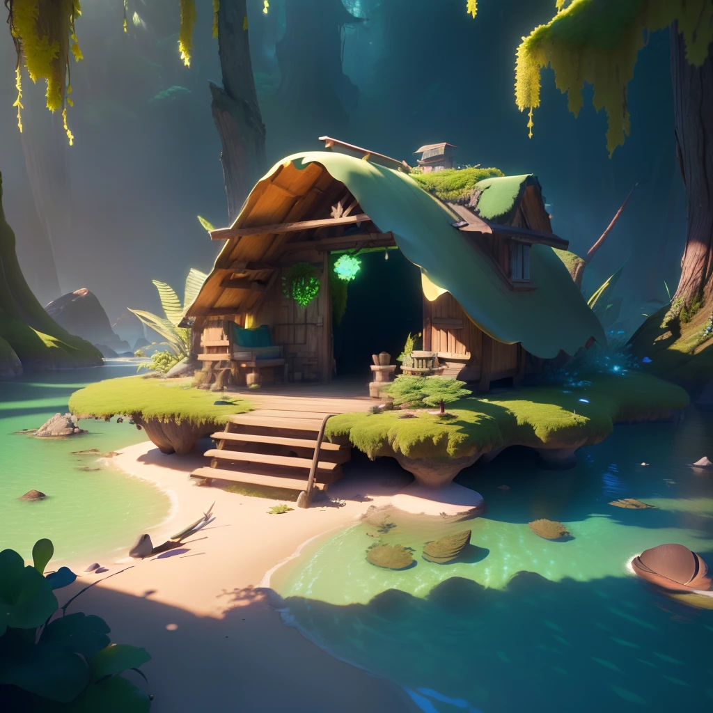 masterpiece, best quality, (extremely detailed CG unity 8k wallpaper), (best quality), (best illustration), (best shadow), (A shell shape hut:1.1) covered with moss， isometric 3D, octane render,ray tracing,ultra detailed