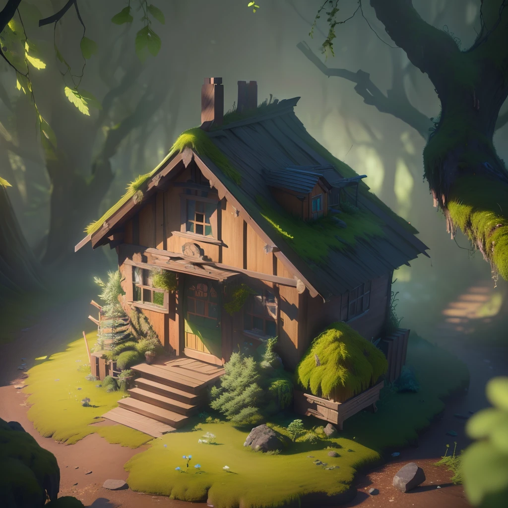 masterpiece, best quality, (extremely detailed CG unity 8k wallpaper), (best quality), (best illustration), (best shadow), A small house covered with moss, isometric 3D, octane render,ray tracing,ultra detailed