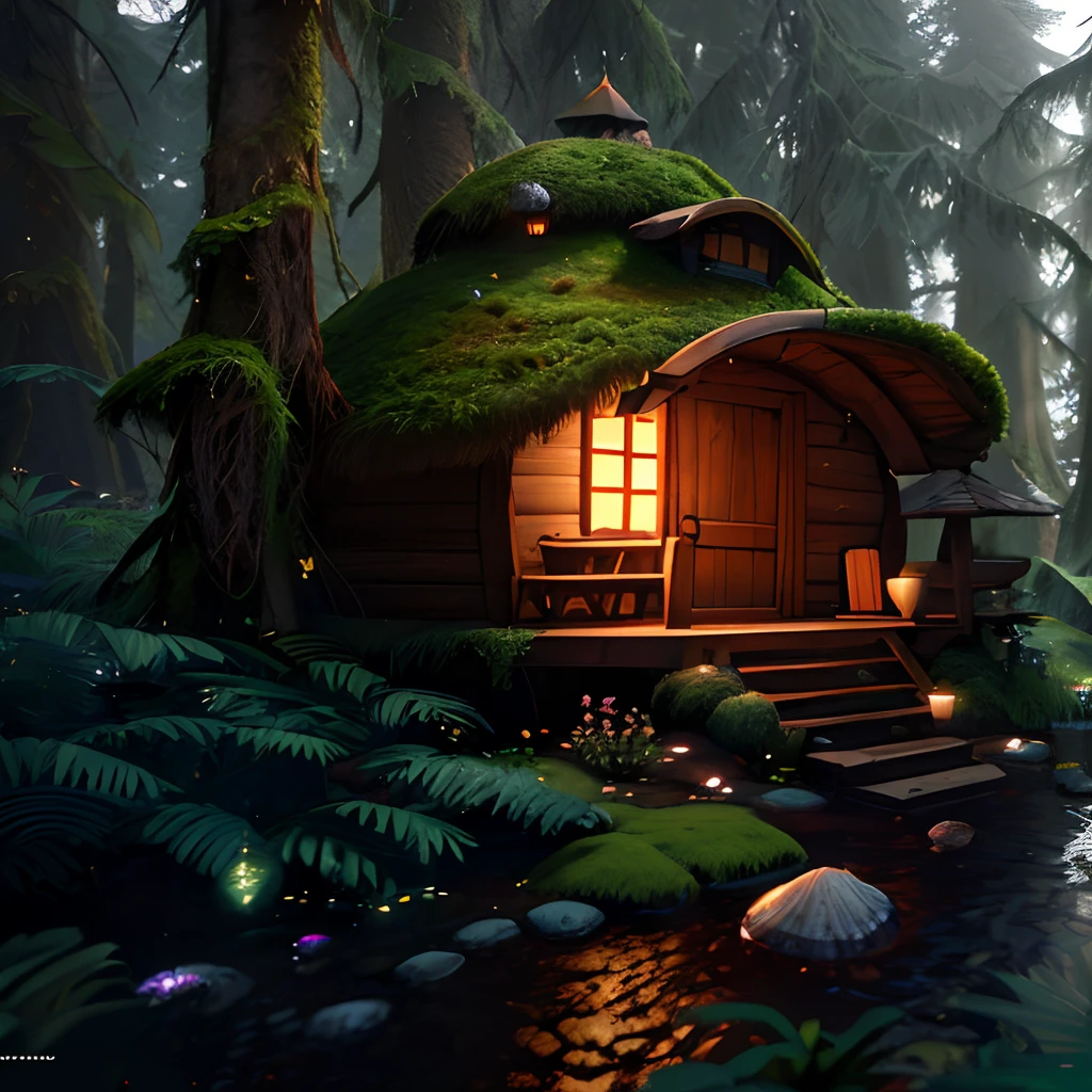masterpiece, best quality, (extremely detailed CG unity 8k wallpaper), (best quality), (best illustration), (best shadow), (A shell shape hut:1.1) covered with moss， isometric 3D, octane render,ray tracing,ultra detailed