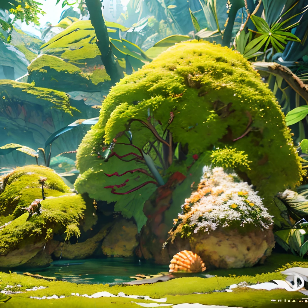 masterpiece, best quality, (extremely detailed CG unity 8k wallpaper), (best quality), (best illustration), (best shadow), (A shell shape hut:1.1) covered with moss, isometric 3D, octane render,ray tracing,ultra detailed