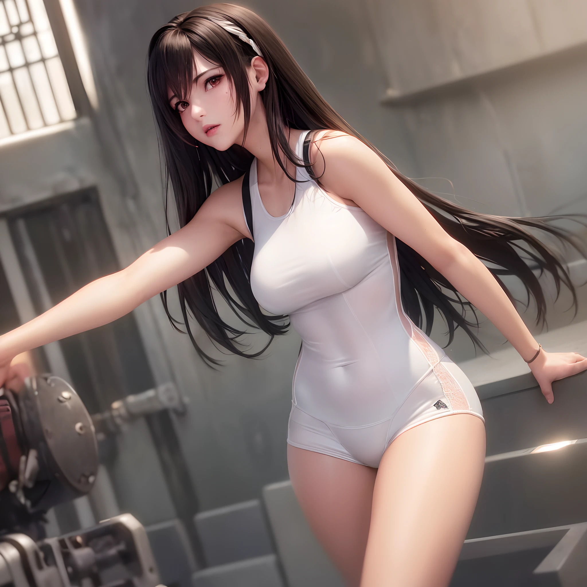 tifa, final fantasy 7 remake, (1 girl),((a solitary person)),shade of brown hair, a lot of sweat, masterpiece, ultra realistic 8k cg, very long hair, beautiful , , reddish brown eyes, (hard lights, hard shadow, key light, key lights), left only earpiece, stick earpiece, red earpiece, {one earpiece}, left earpiece, shiny skin, lace, lace trim, clean, beautiful face, pure face, pale skin, long hair, shiny skin, skindentation,workout clothes,is exercising
 