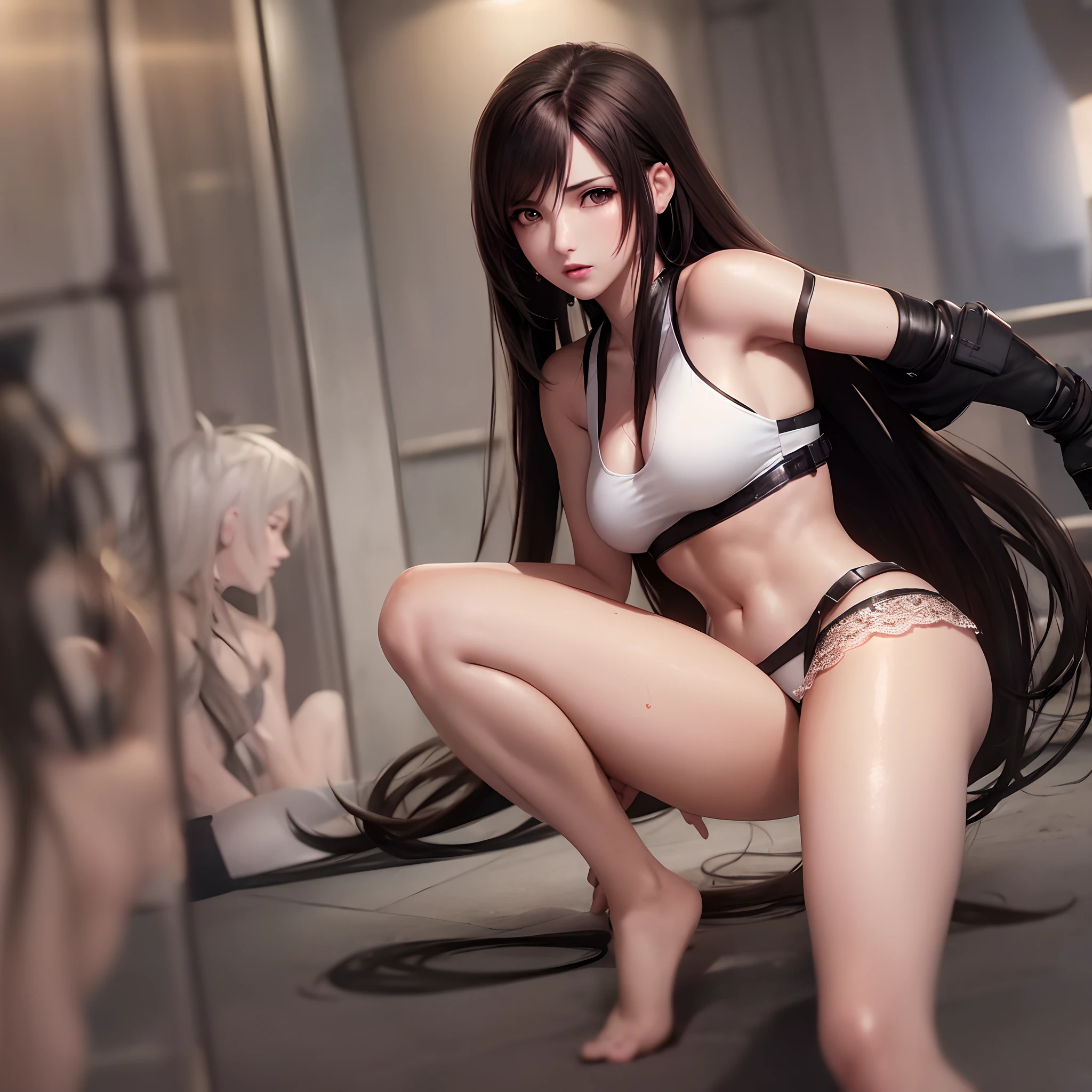 tifa, final fantasy 7 remake, (1 girl),((a solitary person)),shade of brown hair, a lot of sweat, masterpiece, ultra realistic 8k cg, very long hair, beautiful , , reddish brown eyes, (hard lights, hard shadow, key light, key lights), left only earpiece, stick earpiece, red earpiece, {one earpiece}, left earpiece, shiny skin, lace, lace trim, clean, beautiful face, pure face, pale skin, long hair, shiny skin, skindentation,Wearing combat gear,is exercising
