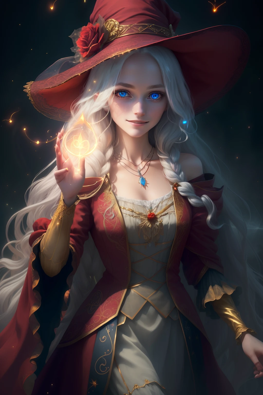 (extremely detailed CG unity 8k wallpaper, masterpiece, best quality, ultra-detailed), (an enchanting and captivating girl with a majestic witch hat, adorned with resplendent golden braids and a bewitching red rose), (dynamic angle, dazzling blue eyes, long silver hair:1.3, exquisite necklace, enchanting smile), (a background of magic and mystery, fireflies, glowing particles, ethereal mist, and a touch of darkness), high saturation.