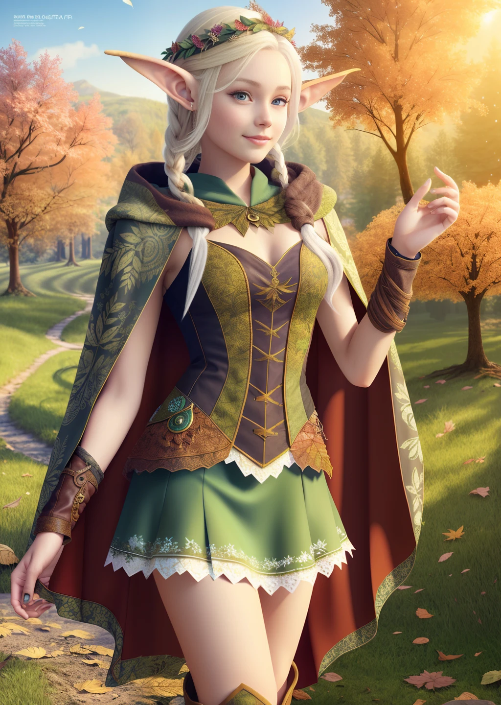 young beautiful girl, ultra detailed, official art, unity 8k wallpaper, (fashion magazine cover:1.3),elven dress, leaf-patterned cloak, leather boots