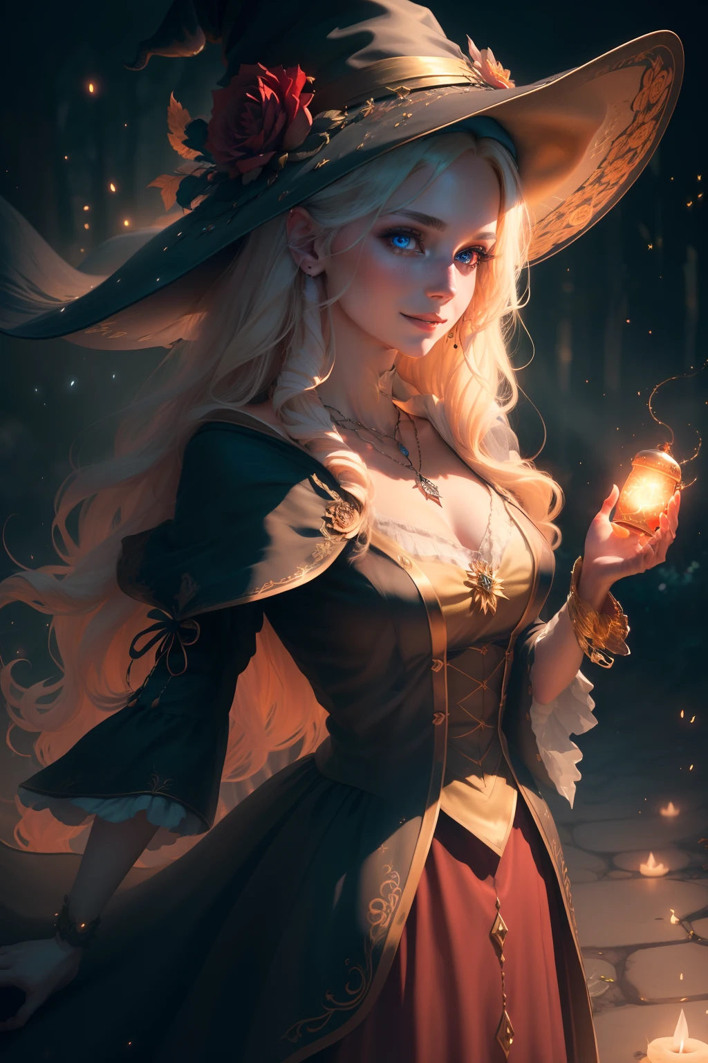 (extremely detailed CG unity 8k wallpaper, masterpiece, best quality, ultra-detailed), (an enchanting and captivating girl with a majestic witch hat, adorned with resplendent golden hair and a bewitching red rose), looking at viewer, upper body, (dynamic angle, dazzling blue eyes, exquisite necklace, enchanting smile), (a background of magic and mystery, fireflies, glowing particles, ethereal mist, and a touch of darkness), high saturation, cinematic light, rim lighting, best shadow