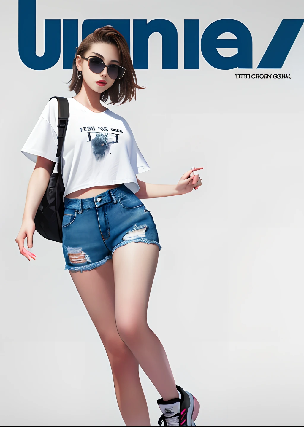 young beautiful girl, ultra detailed, official art, unity 8k wallpaper, (fashion magazine cover:1.3)，Denim shorts, white T-shirt, canvas shoes, backpack, sunglasses