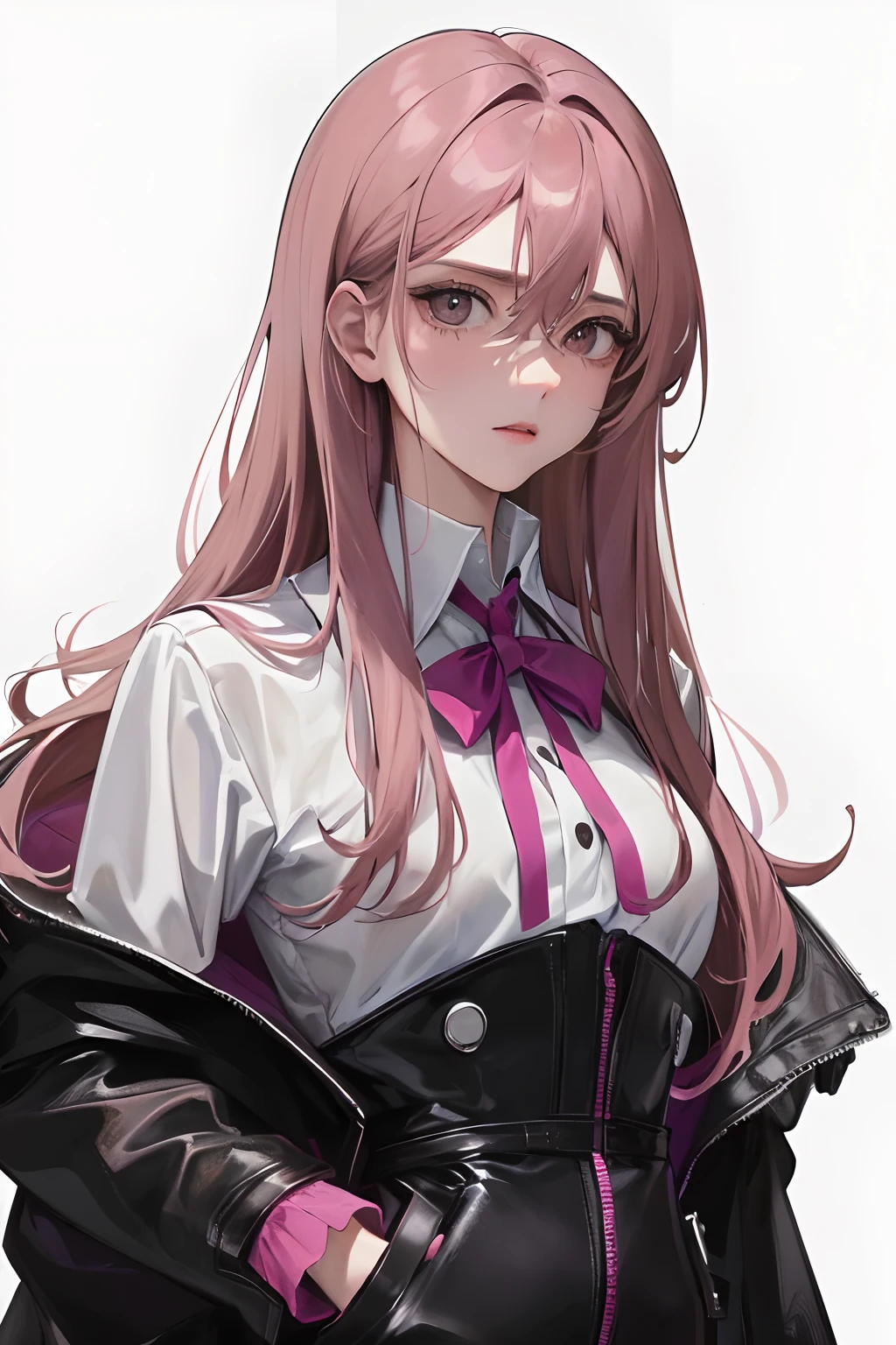 (highest resolution, distinct_image) Best quality, a female's masterpiece, highly detailed, semi realistic,(most of body),pink long hair, bangs, 18 years old, young,black fitting,Pinkish-purple flight suit,Stand collar shirt,Sharp Face,(brown Eyes, Hair Between Eyes), Fluorescent Long Coat (Broken Glass),(plain white background),cold, serious,authoritative,powerful,(Standing Painting),(exquisite facial features, exquisite facial features)