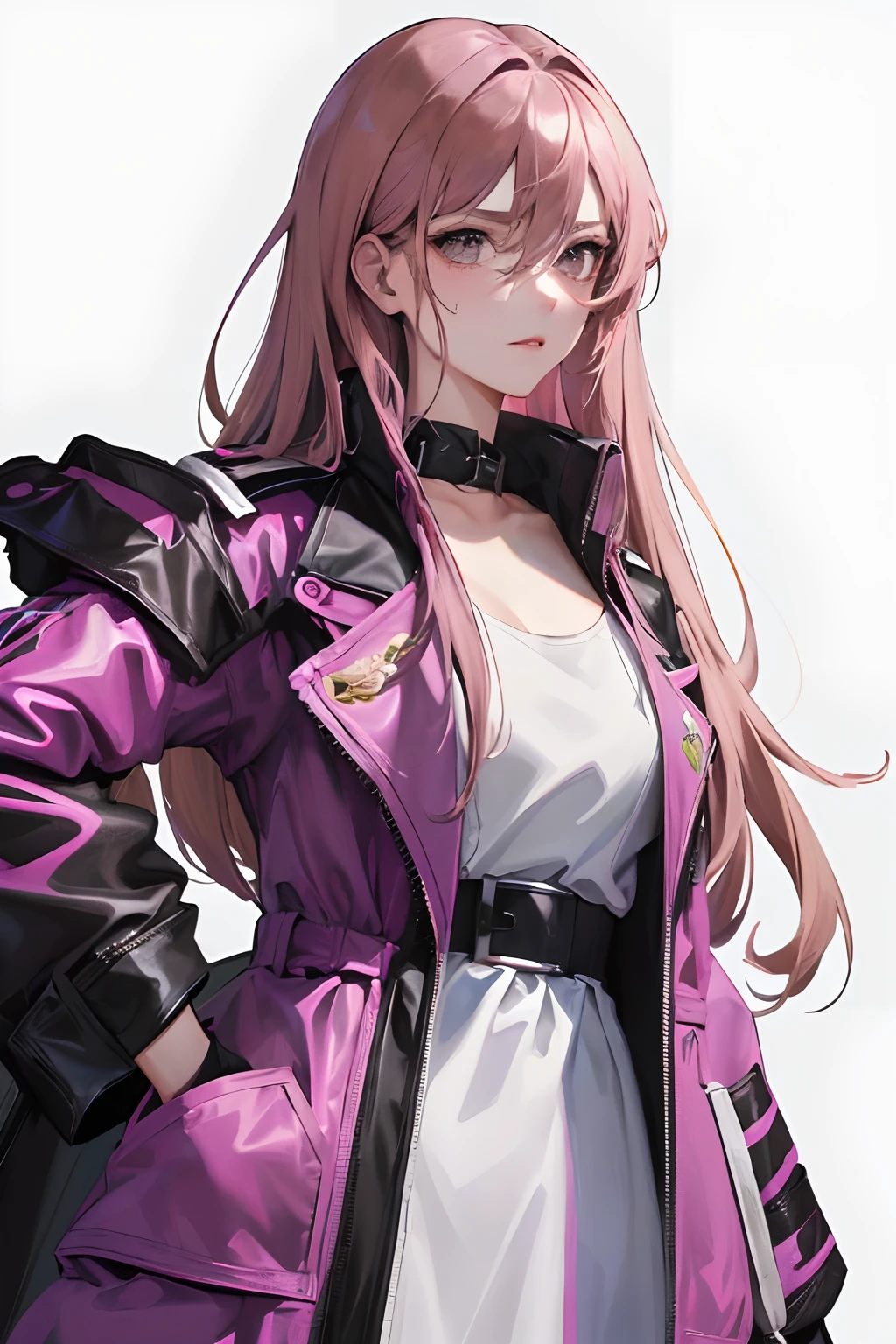 (highest resolution, distinct_image) Best quality, a female's masterpiece, highly detailed, semi realistic,(most of body),pink long hair, bangs, 18 years old, young,black fitting,Pinkish-purple flight suit,Stand collar shirt,Sharp Face,(brown Eyes, Hair Between Eyes), Fluorescent Long Coat (Broken Glass),(plain white background),cold, serious,authoritative,powerful,(Standing Painting),(exquisite facial features, exquisite facial features)