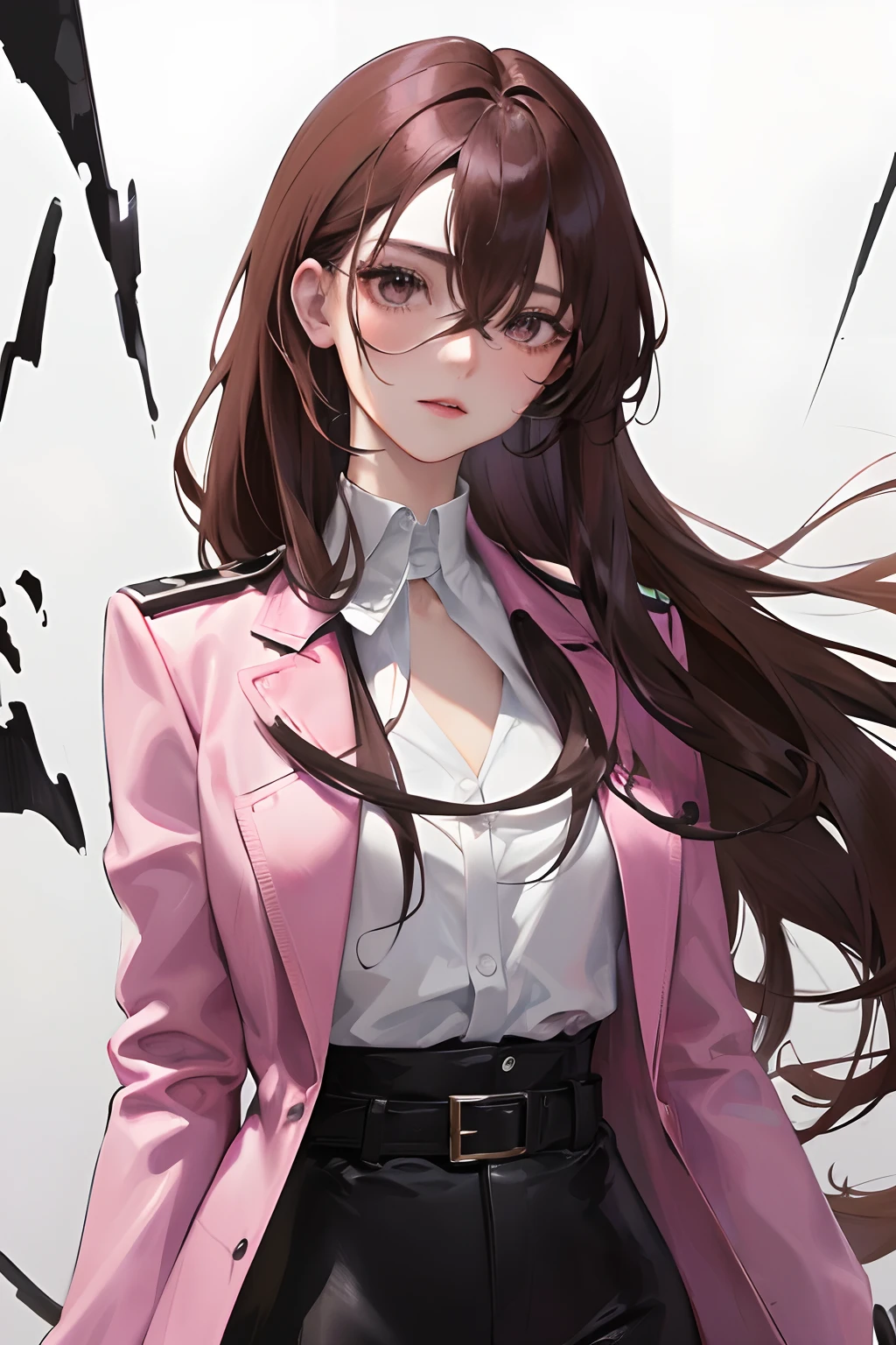 (highest resolution, distinct_image) Best quality, a female's masterpiece, highly detailed, semi realistic,(most of body),pink long hair, bangs, 18 years old, young,black fitting,Pinkish-purple flight suit,Stand collar shirt,Sharp Face,(brown Eyes, Hair Between Eyes), Fluorescent Long Coat (Broken Glass),(plain white background),cold, serious,authoritative,powerful,(Standing Painting),(exquisite facial features, exquisite facial features)