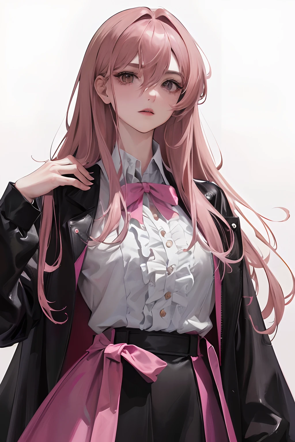 (highest resolution, distinct_image) Best quality, a female's masterpiece, highly detailed, semi realistic,(most of body),pink long hair, bangs, 18 years old, young,Pinkish-purple flight suit,Stand collar shirt,pantalettes,Sharp Face,(brown Eyes, Hair Between Eyes), Fluorescent Long Coat (Broken Glass),((white background)),cold, serious,authoritative,powerful,(Standing Painting),(exquisite facial features, exquisite facial features)