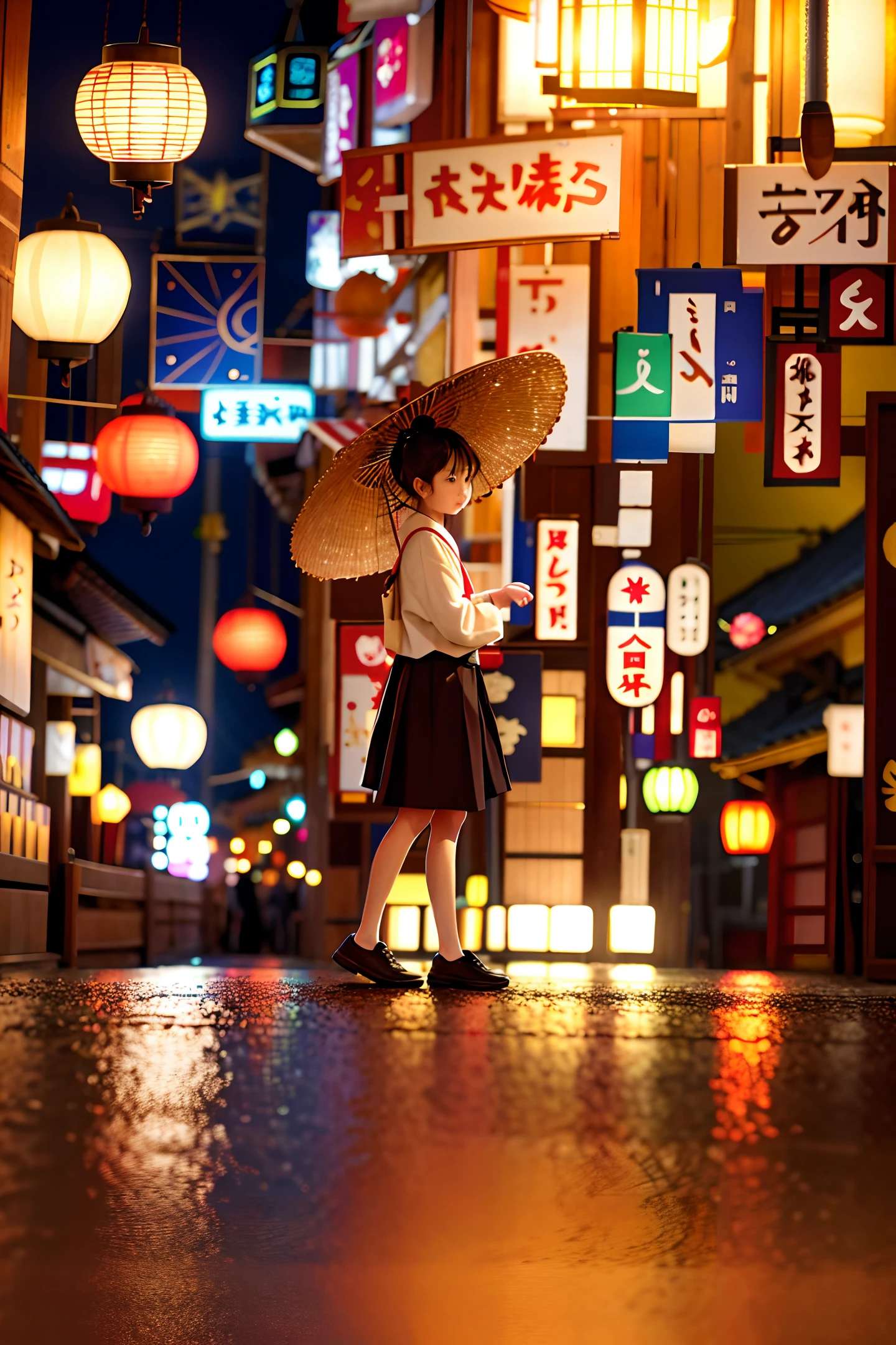 Medium shot,realistic,8K,On a quiet night, the streets of a Japanese city were deserted, with only occasional bursts of fireworks breaking the silence. The soft glow of traditional Japanese lanterns lined the road, swaying gently in the breeze. Suspended above was a tanuki mask, exuding a strong Japanese style. It hung there silently, as if waiting for something. In this mysterious atmosphere, a sense of inexplicable curiosity welled up inside, prompting a desire to explore further.