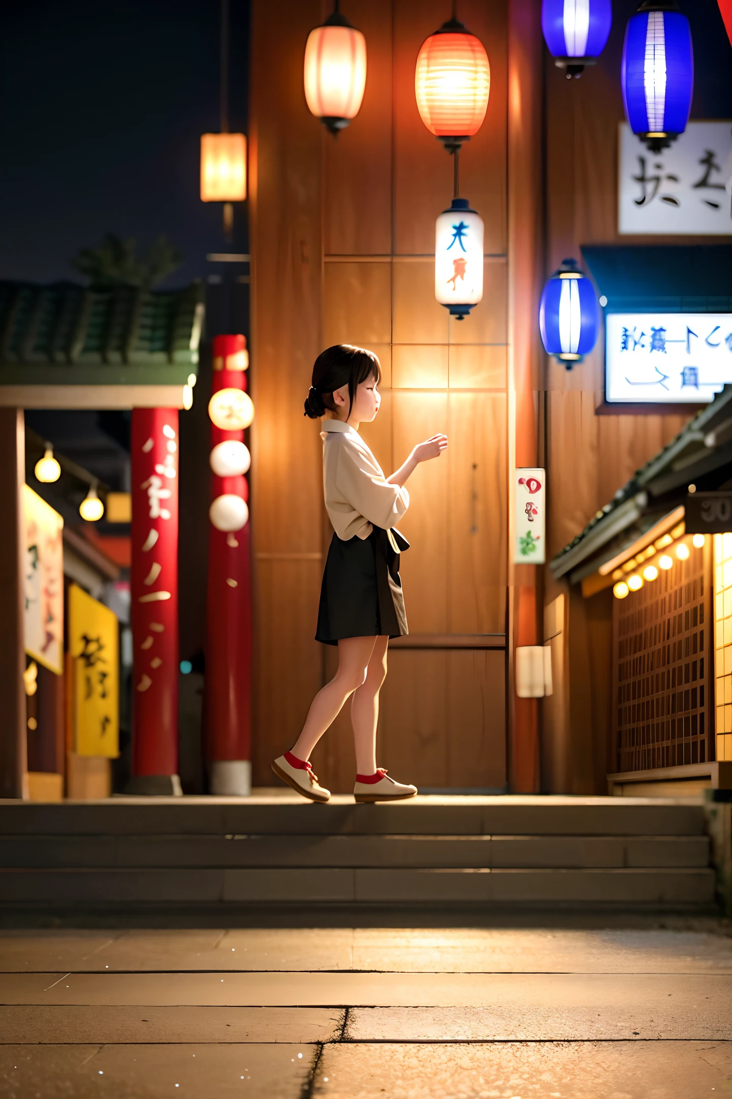 Medium shot,realistic,8K,On a quiet night, the streets of a Japanese city were deserted, with only occasional bursts of fireworks breaking the silence. The soft glow of traditional Japanese lanterns lined the road, swaying gently in the breeze. Suspended above was a tanuki mask, exuding a strong Japanese style. It hung there silently, as if waiting for something. In this mysterious atmosphere, a sense of inexplicable curiosity welled up inside, prompting a desire to explore further.