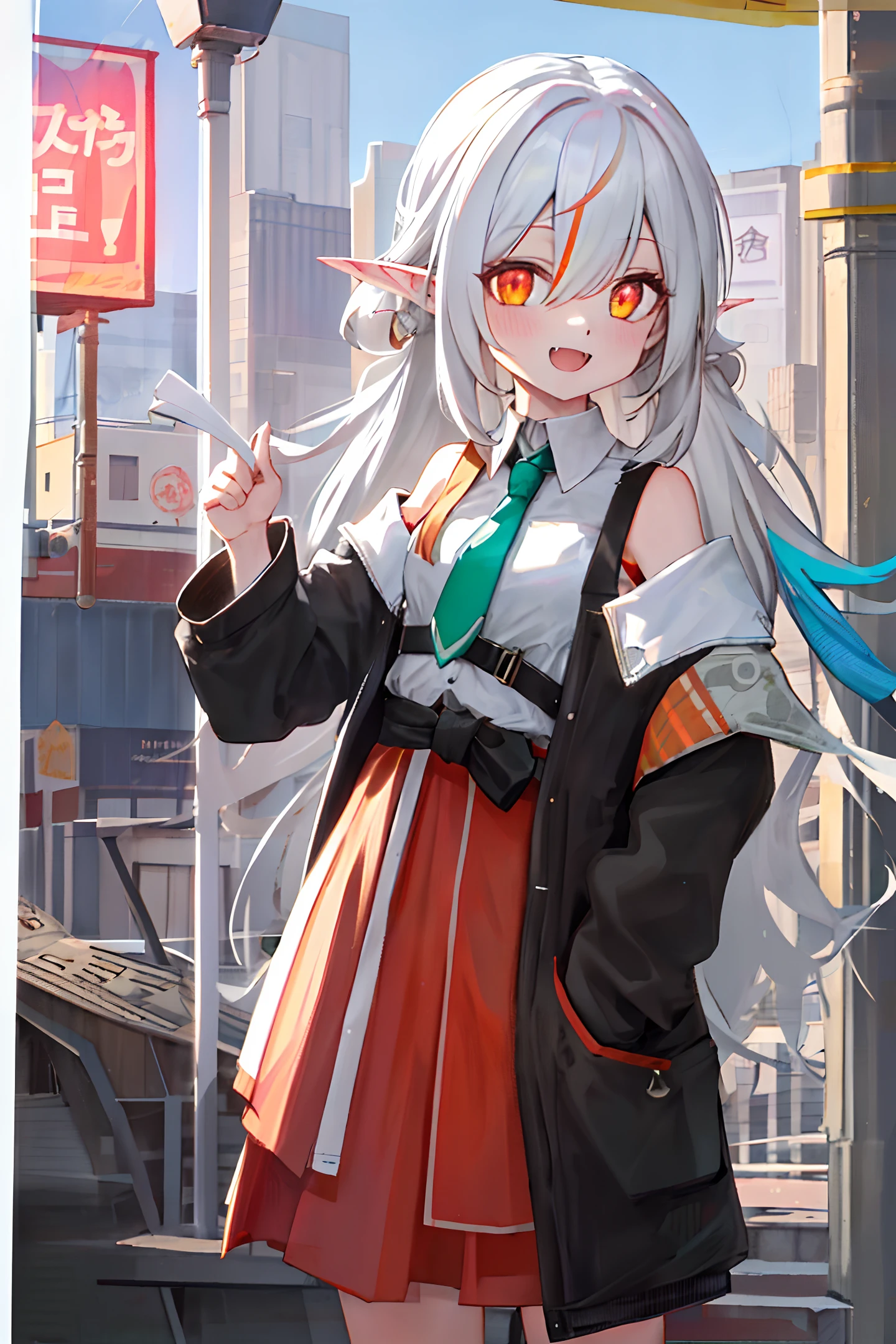 1girl, {white hair with {{green and pink highlights}}}, {{{{eye reflection}}}}, detailed eyes, glossy hair, reflevtive eyes, orange eyes, upper body, detailed face, multicolored hair, clothes around waist, off shoulder, baggy clothes, high ponytail, small breasts, {duffel bag}, bat logo, sweatpants, hand in pocket, long arms, {{{off-shoulder shirt}}}, {skinny}, tall, {{{{vampire}}}}, {{fangs}}, slit pupils, eye focus, pointed ears, smile, soft skin, dark, night, {{urban}}, {street lights}, stree