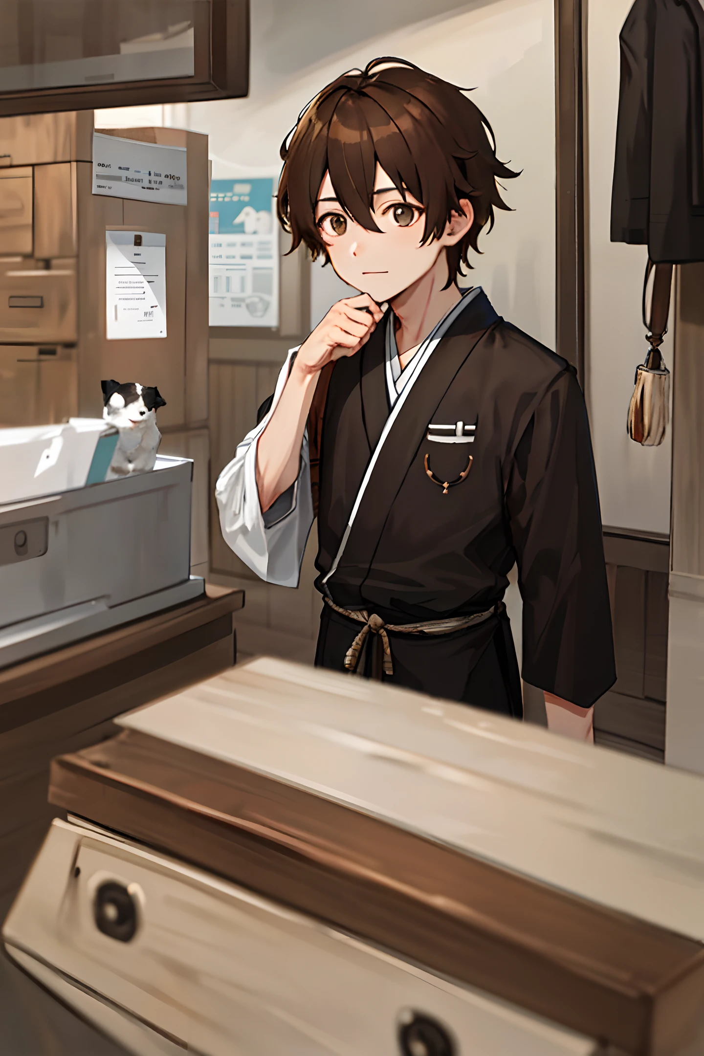 1boy, {brown hair with {{black and brown highlights}}}, {{{{eye reflection}}}}, Japanese,