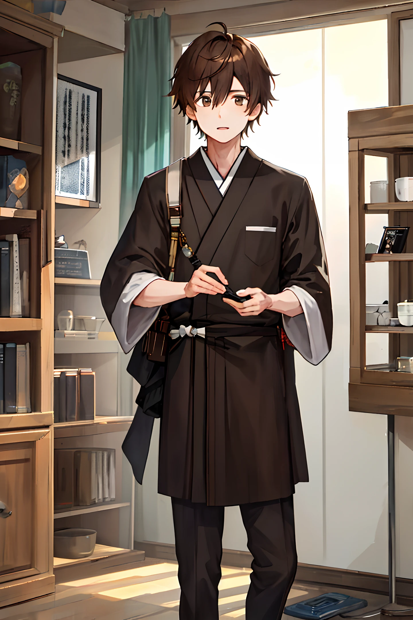 1boy, {brown hair with {{black and brown highlights}}}, {{{{eye reflection}}}}, Japanese,