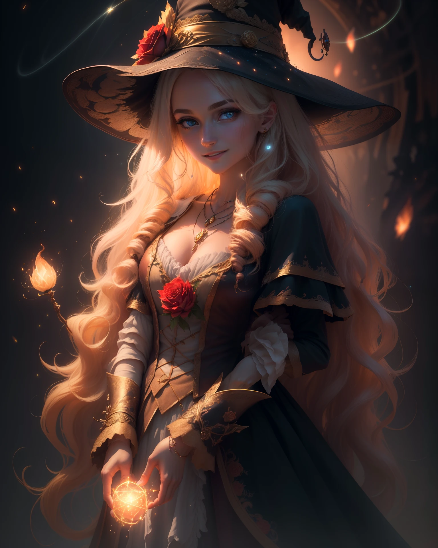(extremely detailed CG unity 8k wallpaper, masterpiece, best quality, ultra-detailed), (an enchanting and captivating girl with a majestic witch hat, adorned with resplendent golden hair and a bewitching red rose), looking at viewer, (upper body:1.3), (dynamic angle, dazzling eyes, exquisite necklace, enchanting smile), (a background of magic and mystery, fireflies, glowing particles, ethereal mist, and a touch of darkness), high saturation, cinematic light, rim lighting, best shadow