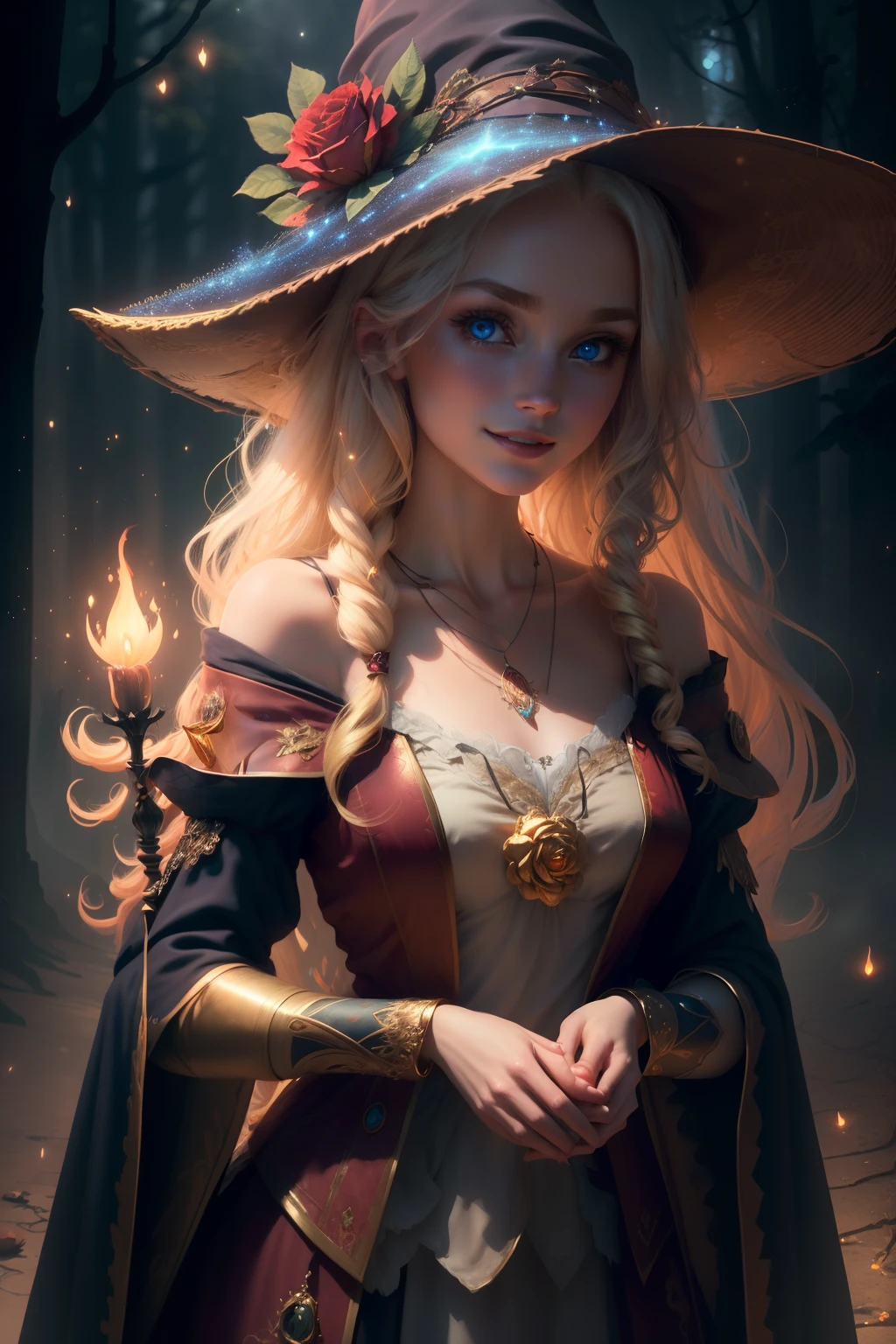(extremely detailed CG unity 8k wallpaper, masterpiece, best quality, ultra-detailed), (an enchanting and captivating girl with a majestic witch hat, adorned with resplendent golden hair and a bewitching red rose), looking at viewer, (upper body:1.3), (dynamic angle, dazzling blue eyes, exquisite necklace, enchanting smile), (a background of magic and mystery, fireflies, glowing particles, ethereal mist, and a touch of darkness), high saturation, cinematic light, rim lighting, best shadow