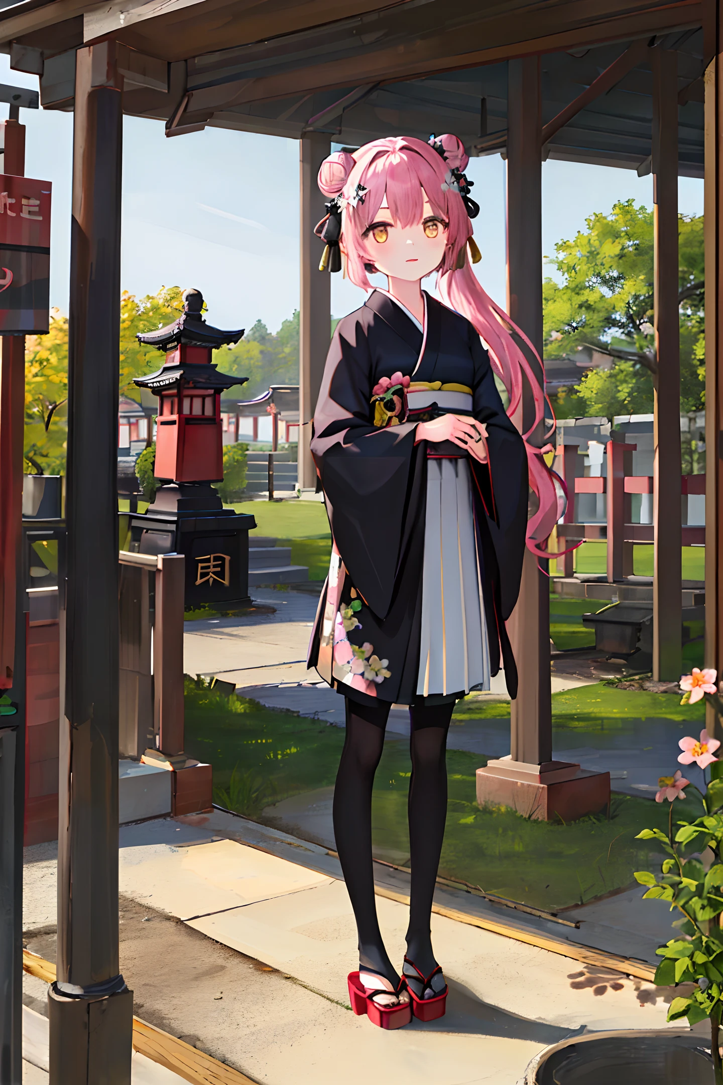 ((masterpiece,best quality)),2girls, black kimono, black legwear, black ribbon, black hair, cherry blossoms, day, flower, hair bun, hair ribbon, Chineseclothes, kimono, long hair, looking at viewer, multiple girls, obi, outdoors, black eyes, pink hair, ribbon, sandals, single hair bun, stairs, standing, statue, torii, tree, white kimono, yellow eyes
