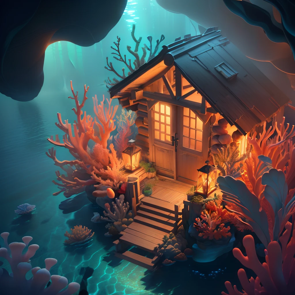 masterpiece, best quality, (extremely detailed CG unity 8k wallpaper), (best quality), (best illustration), (best shadow), A voluta nobilis-shaped cabin, Coral, water plants, shells, isometric, 3D rendering, blender rendering, intricate details, Ambient Light