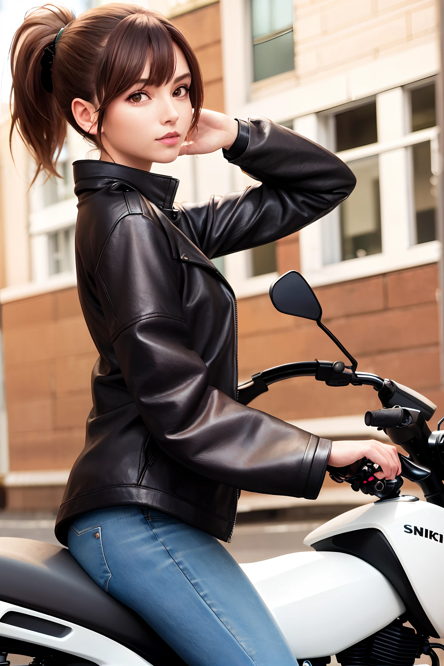 Long shot, (a girl in an oversized black jacket and jeans), (brown ponytail), riding a purple yhmotorbike on a city street, (long legs), very detailed, front view, looking at viewer