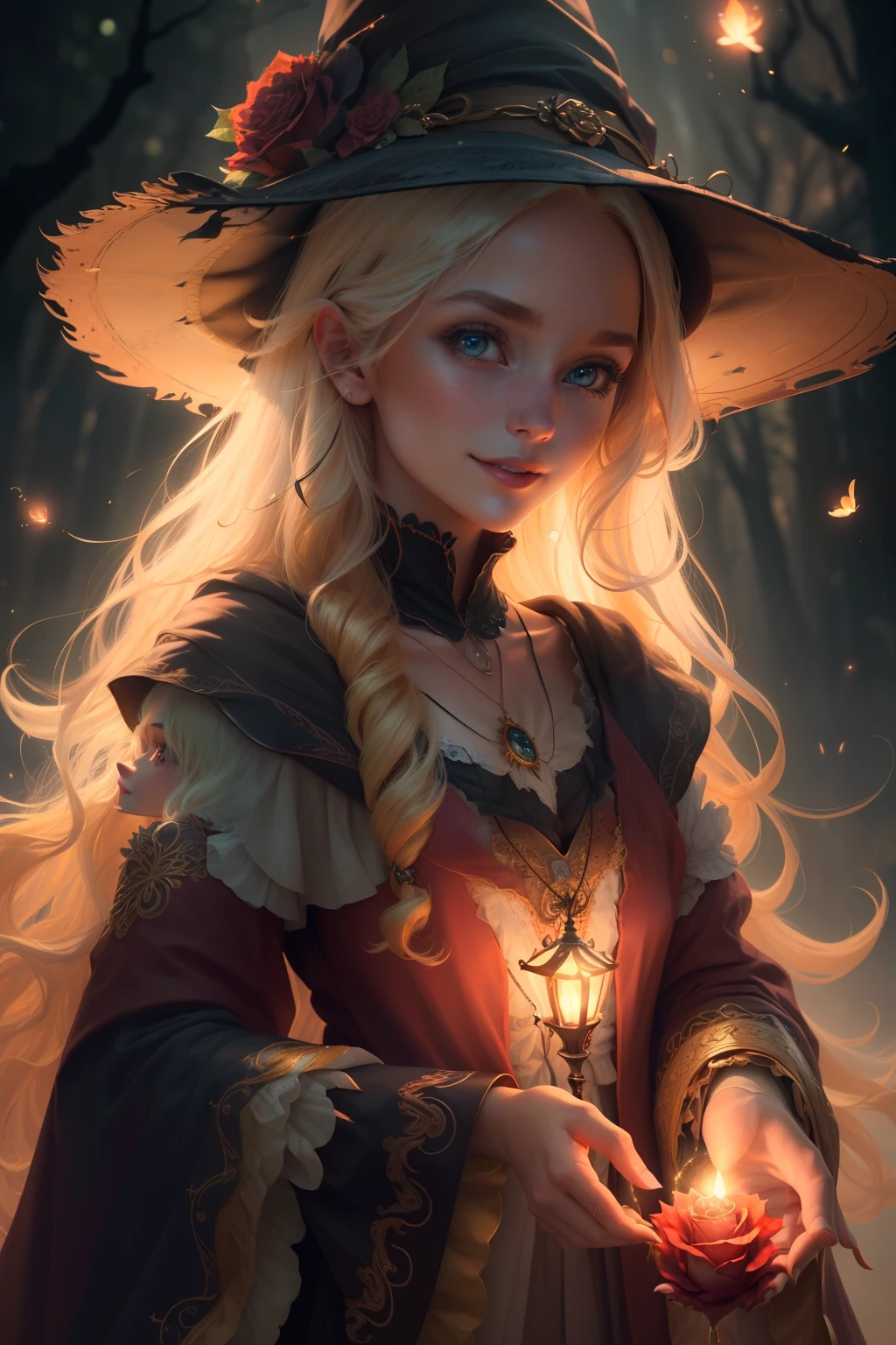 (extremely detailed CG unity 8k wallpaper, masterpiece, best quality, ultra-detailed), (an enchanting and captivating girl with a majestic witch hat, adorned with resplendent golden hair and a bewitching red rose), looking at viewer, (upper body:1.3), (dynamic angle, dazzling eyes, exquisite necklace, enchanting smile), (a background of magic and mystery, fireflies, glowing particles, ethereal mist, and a touch of darkness), high saturation, cinematic light, rim lighting, best shadow