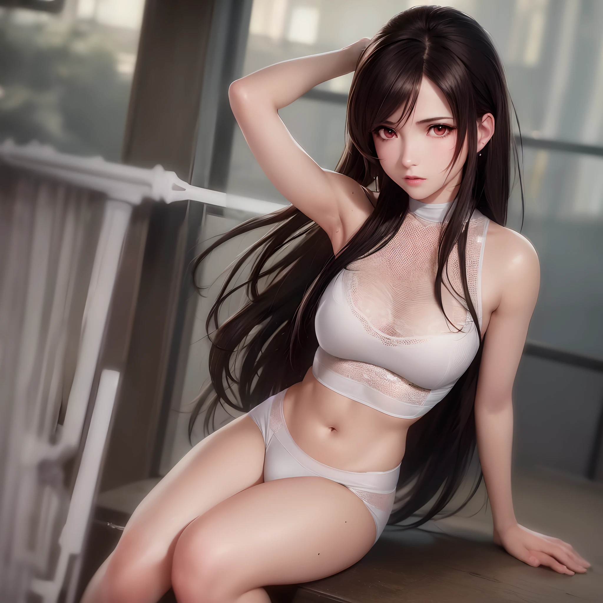 tifa, final fantasy 7 remake, (1 girl),((a solitary person)),shade of brown hair, a lot of sweat, masterpiece, ultra realistic 8k cg, very long hair, beautiful , , reddish brown eyes, (hard lights, hard shadow, key light, key lights), left only earpiece, stick earpiece, red earpiece, {one earpiece}, left earpiece, shiny skin, lace, lace trim, clean, beautiful face, pure face, pale skin, long hair, shiny skin, skindentation,workout clothes,is exercising
 