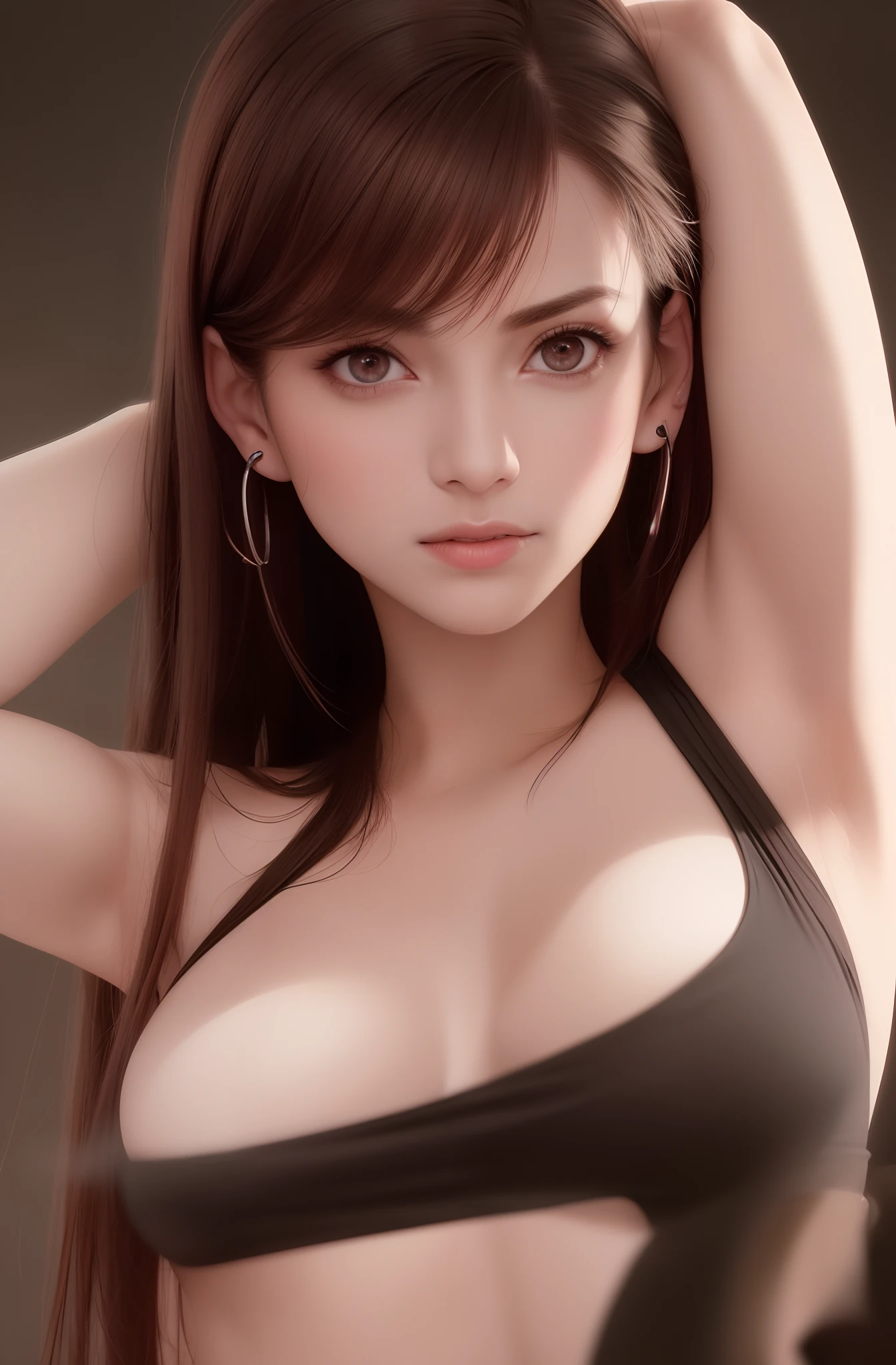 best quality, masterpiece, upper body,
(adult:1.6) hungarian woman, (smirk:0.4), arms behind head,
(photorealistic:1.4), (masterpiece, sidelighting, finely detailed beautiful eyes: 1.2), tifa, final fantasy 7 remake, (1 girl),((a solitary person)),shade of brown hair, a lot of sweat, masterpiece, ultra realistic 8k cg, very long hair, beautiful , , reddish brown eyes, (hard lights, hard shadow, key light, key lights), left only earpiece, stick earpiece, red earpiece, {one earpiece}, left earpiece, shiny skin, lace, lace trim, clean, beautiful face, pure face, pale skin, long hair, shiny skin, skindentation,workout clothes,is exercising,There's no one in the background,