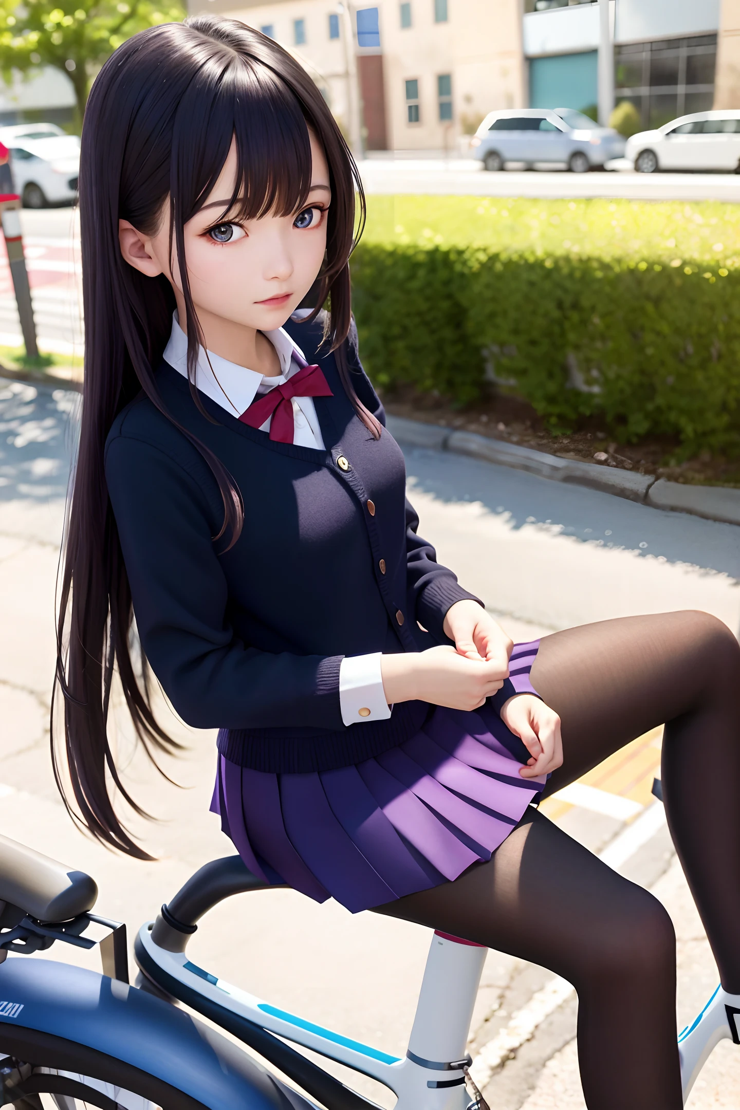 Masterpiece, best quality, super detailed, illustration, colorful, falt color, depth of field, lens flare,

1girl, anime, sitting, black hair, looking at viewer, school, classroom, pleated miniskirt, school uniform, riding a purple yhmotorbike on a city street, serafuku, black pantyhose, detailed skin texture, detailed cloth texture, detailed beauty face,