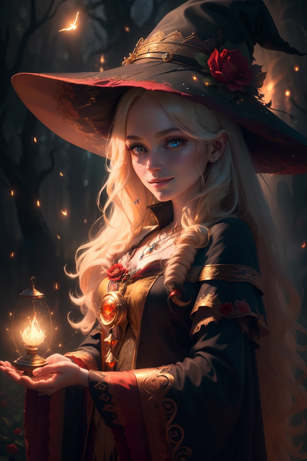 (extremely detailed CG unity 8k wallpaper, masterpiece, best quality, ultra-detailed), (an enchanting and captivating girl with a majestic witch hat, adorned with resplendent golden hair and a bewitching red rose), looking at viewer, (upper body:1.3), (dynamic angle, dazzling eyes, exquisite necklace, enchanting smile), (a background of magic and mystery, fireflies, glowing particles, ethereal mist, and a touch of darkness), high saturation, cinematic light, rim lighting, best shadow