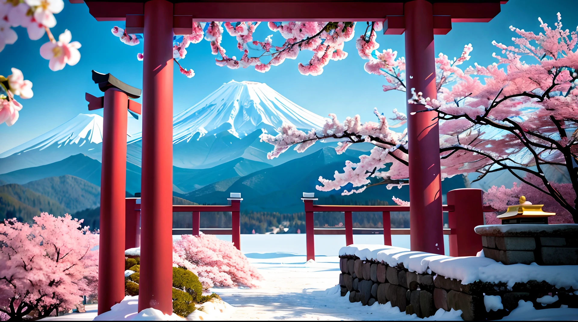 realistic,8K,high detail,Maxon Cinema 4D,Amidst the snow-covered mountain, a beautiful ancient Japanese torii gate stood tall before me, with the majestic Mount Fuji looming in the background. a cherry blossoms, which added a touch of pink to the serene and picturesque scenery. Red leaves fluttered down from the branches and swirled around me, as if they were guiding my way towards this peaceful oasis. With no one else around, only the sounds of nature and the silence of this ancient structure accompanied me, making it a place where time seemed to come to a standstill