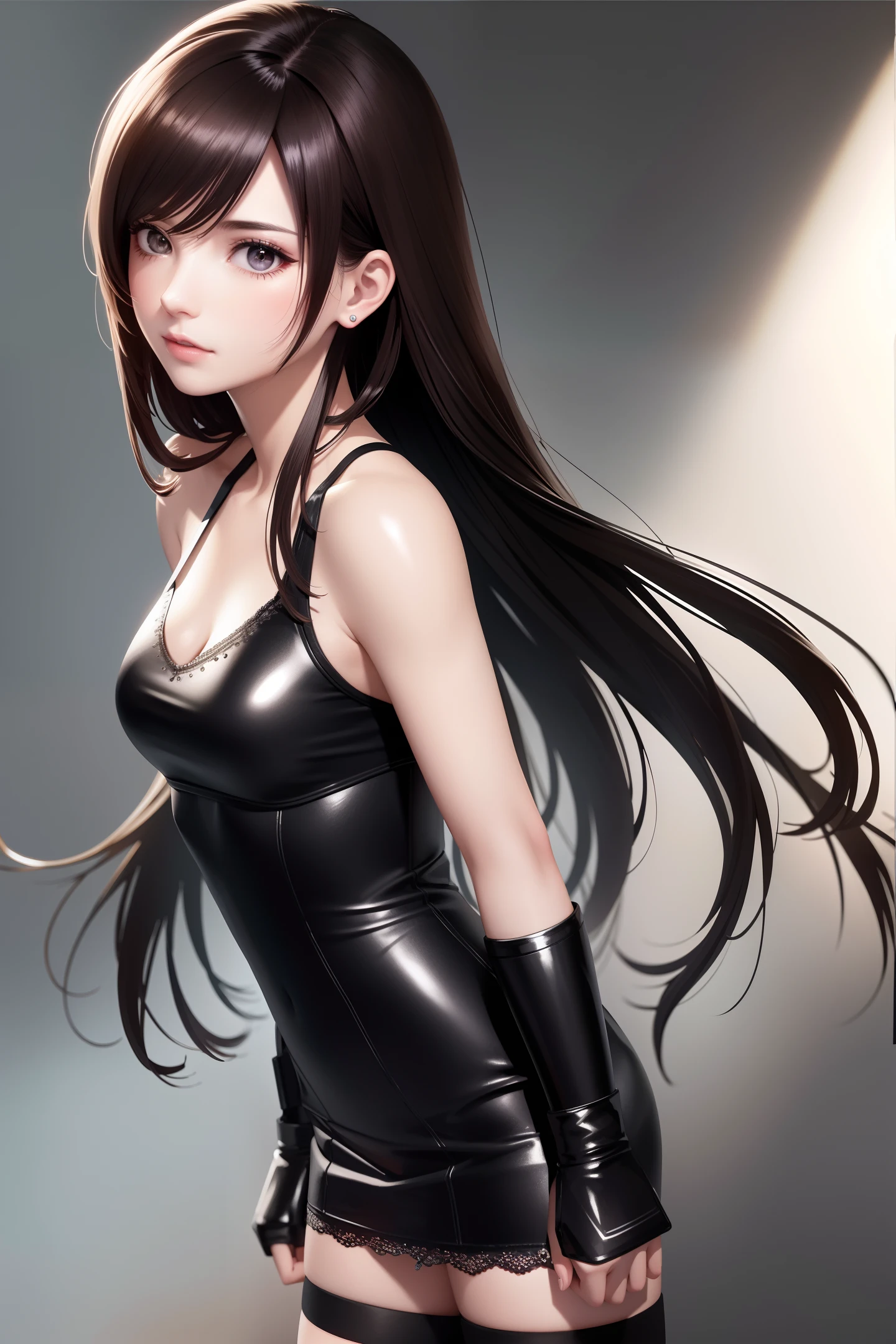 tifa, final fantasy 7 remake, (1 girl),((a solitary person)),shade of brown hair, a lot of sweat, masterpiece, ultra realistic 8k cg, very long hair, beautiful , , reddish brown eyes, (hard lights, hard shadow, key light, key lights), left only earpiece, stick earpiece, red earpiece, {one earpiece}, left earpiece, shiny skin, lace, lace trim, clean, beautiful face, pure face, pale skin, long hair, shiny skin, skindentation,Wearing combat gear,is exercising