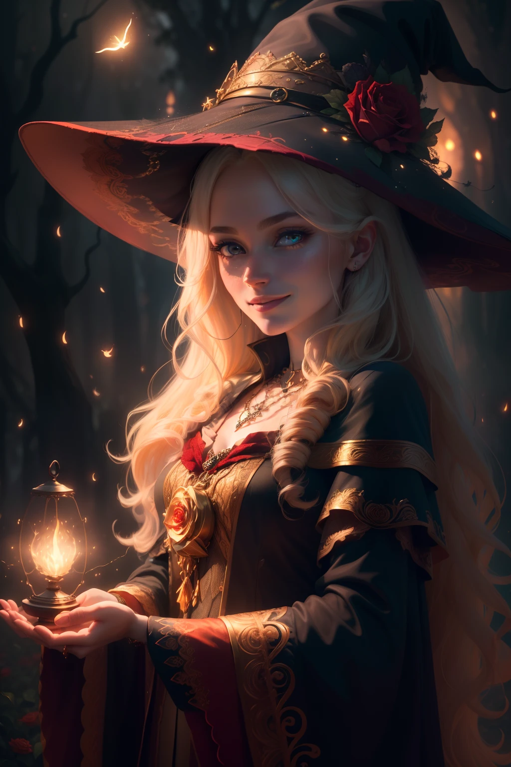 (extremely detailed CG unity 8k wallpaper, masterpiece, best quality, ultra-detailed), (an enchanting and captivating girl with a majestic witch hat, adorned with resplendent golden hair and a bewitching red rose), looking at viewer, (upper body:1.3), (dynamic angle, dazzling eyes, exquisite necklace, enchanting smile), (a background of magic and mystery, fireflies, glowing particles, ethereal mist, and a touch of darkness), high saturation, cinematic light, rim lighting, best shadow